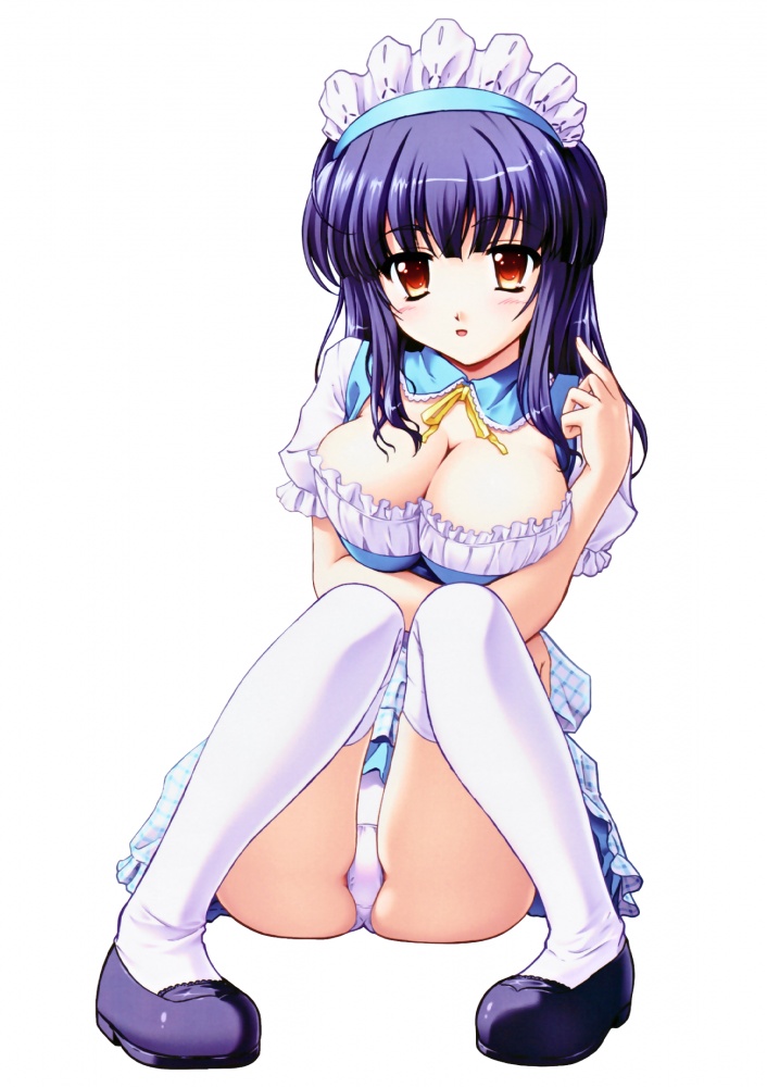 toma (asagayatei), shiragami kikuri, ayakashi, ayakashi h, breast hold, 00s, 1girl, blue hair, blush, breasts, bursting breasts, cleavage, female focus, hair ornament, kneehighs, large breasts, long hair, maid, miniskirt, open mouth, orange eyes, panties, pantyshot, purple hair, red eyes, sitting, skirt, socks, solo, thighhighs, underwear, white panties, white socks