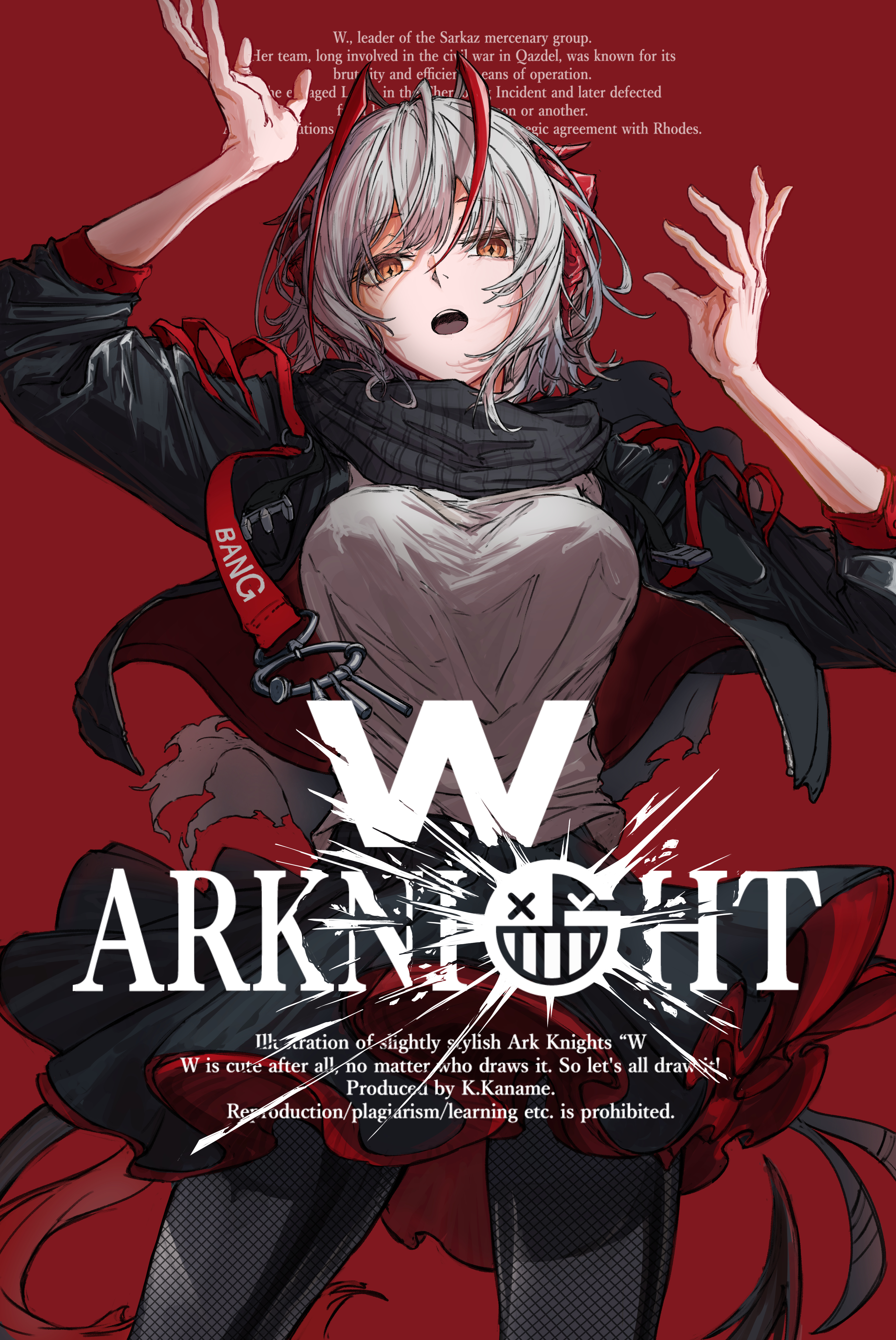 knm kamakura, w (arknights), arknights, absurdres, highres, 1girl, antenna hair, arms up, black jacket, black skirt, breasts, copyright name, cowboy shot, english text, fishnet pantyhose, fishnets, green eyes, grey hair, grey scarf, grey shirt, hair between eyes, horns, jacket, layered skirt, looking at viewer, medium breasts, medium hair, multicolored hair, open clothes, open jacket, open mouth, pantyhose, pleated skirt, red background, red hair, red horns, red skirt, scarf, shirt, skirt, solo, streaked hair, tail, three-quarter sleeves