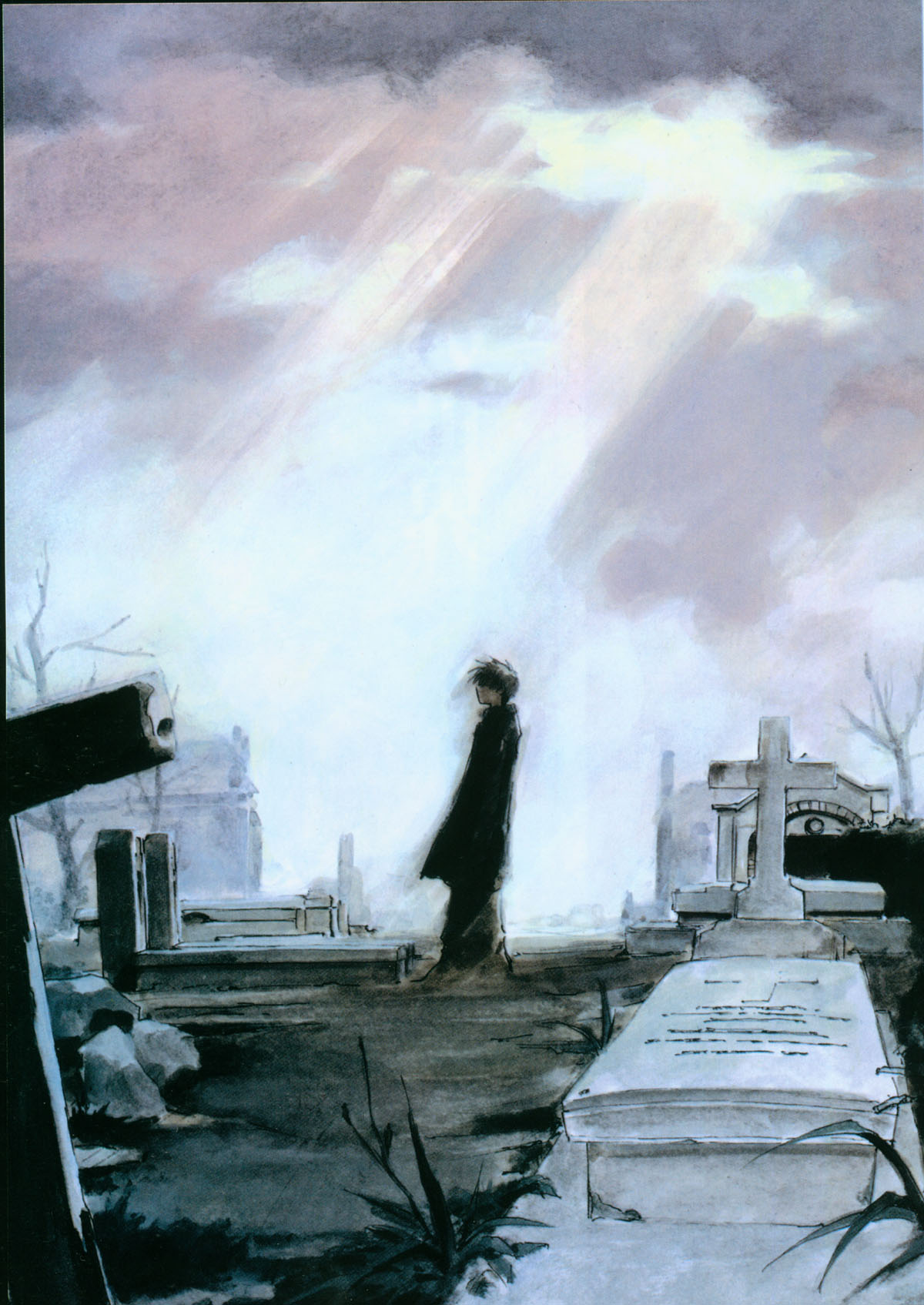 kusaka yuuya, orphen, majutsushi orphen, highres, scan, 1boy, black hair, graveyard, male focus, solo