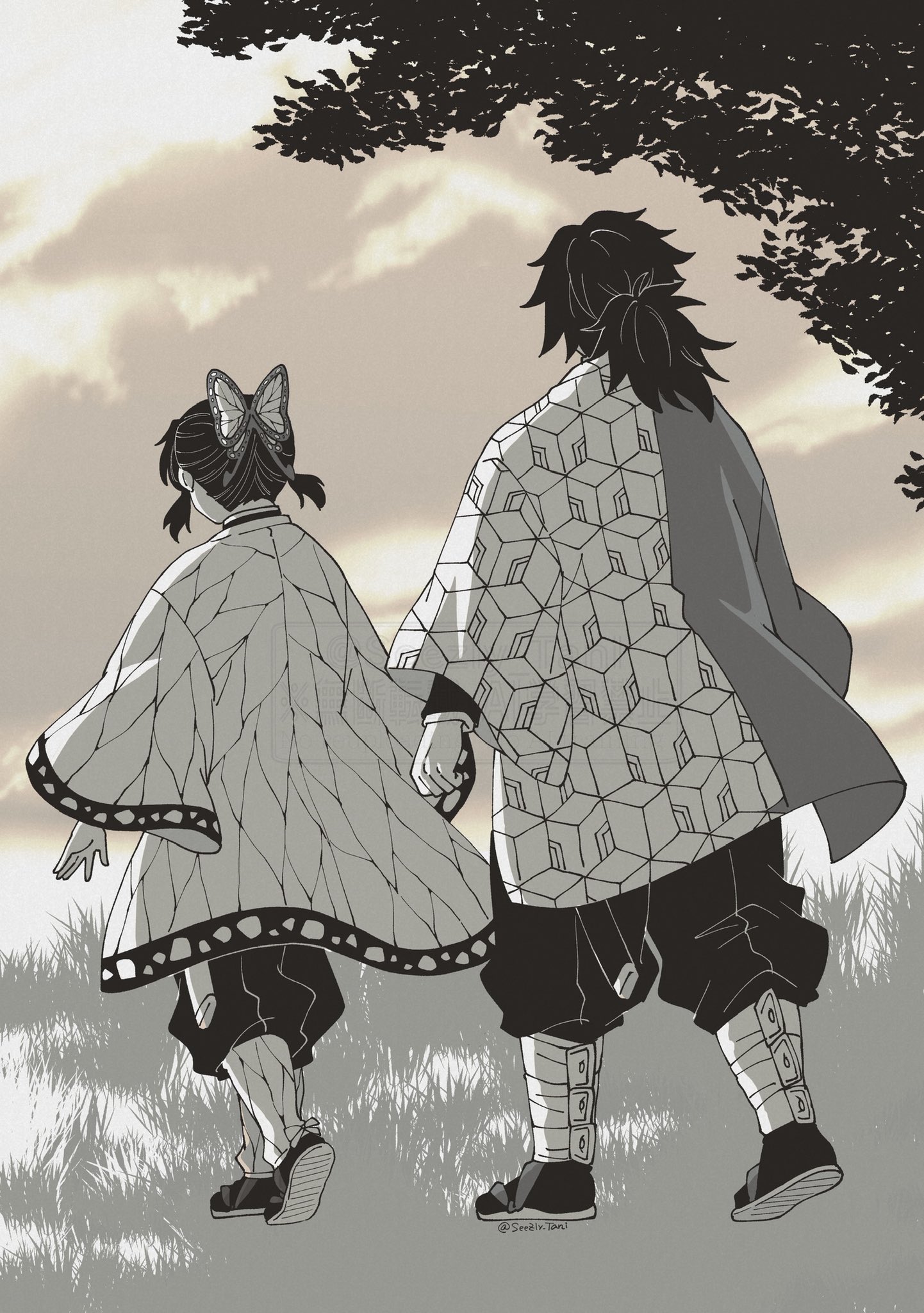 seezly tani, kochou shinobu, tomioka giyuu, kimetsu no yaiba, highres, 1boy, 1girl, animal print, black pants, butterfly hair ornament, butterfly print, cloud, cloudy sky, demon slayer uniform, facing away, full body, grass, greyscale, hair ornament, haori, japanese clothes, long hair, low ponytail, monochrome, outdoors, pants, ponytail, print haori, sandals, sidelocks, sky, tree, twitter username, updo, walking, wide sleeves