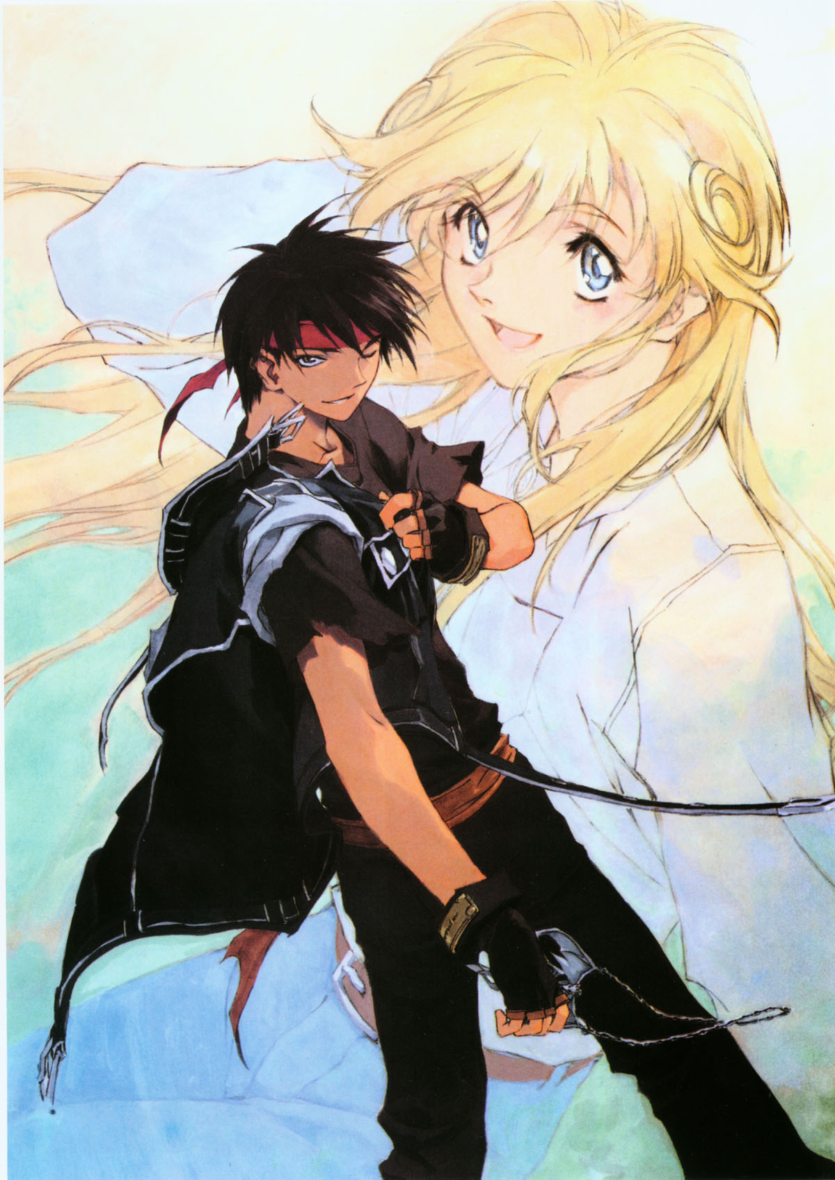 kusaka yuuya, cleo everlastin, orphen, majutsushi orphen, highres, scan, 1boy, 1girl, black hair, blonde hair, blue eyes, fingerless gloves, gloves, headband, long hair