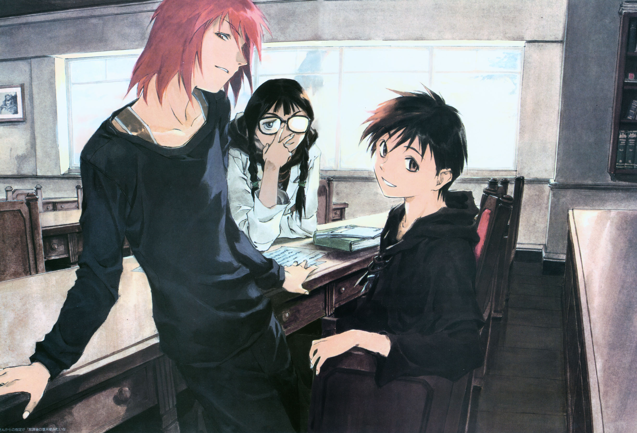 kusaka yuuya, comicron, hartia, orphen, majutsushi orphen, highres, scan, 3boys, black hair, brown eyes, glasses, male focus, multiple boys, red hair