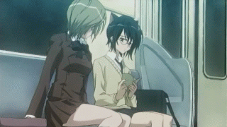 nakano yamato, sakagami kouya, loveless, animated, animated gif, anime screenshot, lowres, 00s, 2girls, animal ears, black hair, blonde hair, blush, cat ears, couple, female focus, glasses, holding hands, kiss, multiple girls, school uniform, serafuku, short hair, skirt, train, train interior, yuri