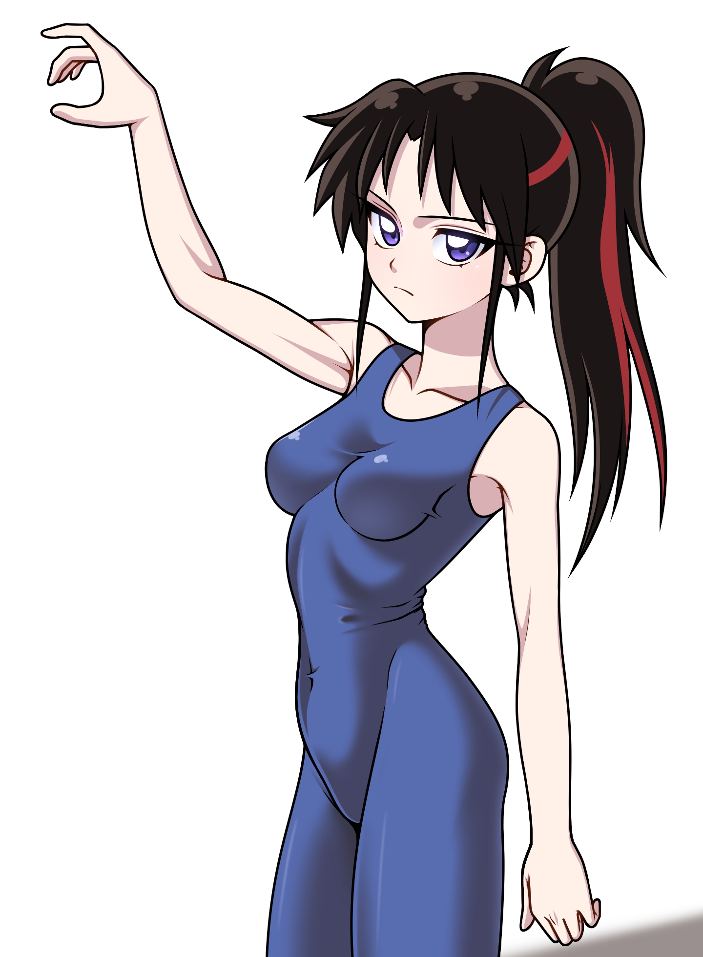eron, setsuna (inuyasha), han'you no yashahime, inuyasha, highres, 1girl, arm at side, arm up, bare shoulders, black hair, blue dress, breasts, closed mouth, collarbone, covered navel, cowboy shot, dress, female focus, from side, looking at viewer, looking to the side, medium breasts, multicolored hair, ponytail, purple eyes, red hair, serious, sleeveless, sleeveless dress, solo, standing, streaked hair, two-tone hair