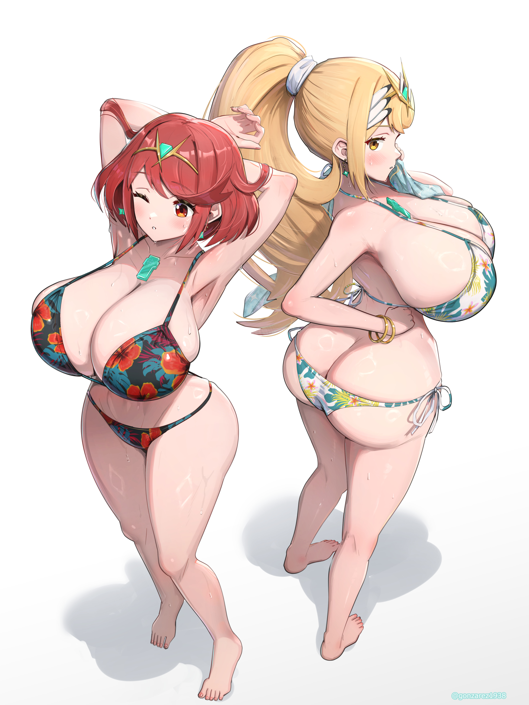 gonzarez, mythra (xenoblade), pyra (xenoblade), xenoblade chronicles (series), xenoblade chronicles 2, highres, alternate costume, bikini, breasts, huge breasts, multiple girls, simple background, swimsuit, white background