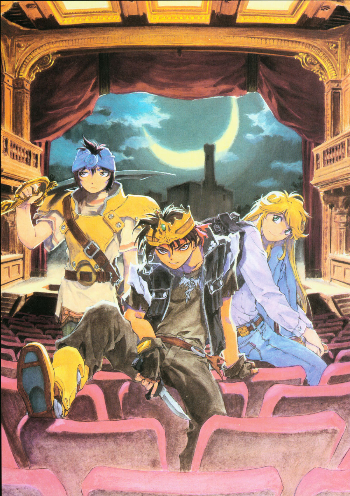 kusaka yuuya, cleo everlastin, madchen amick, orphen, majutsushi orphen, highres, scan, 1boy, 1girl, androgynous, armor, black hair, blonde hair, blue eyes, brown eyes, crown, headband, knife, long hair, sword, weapon