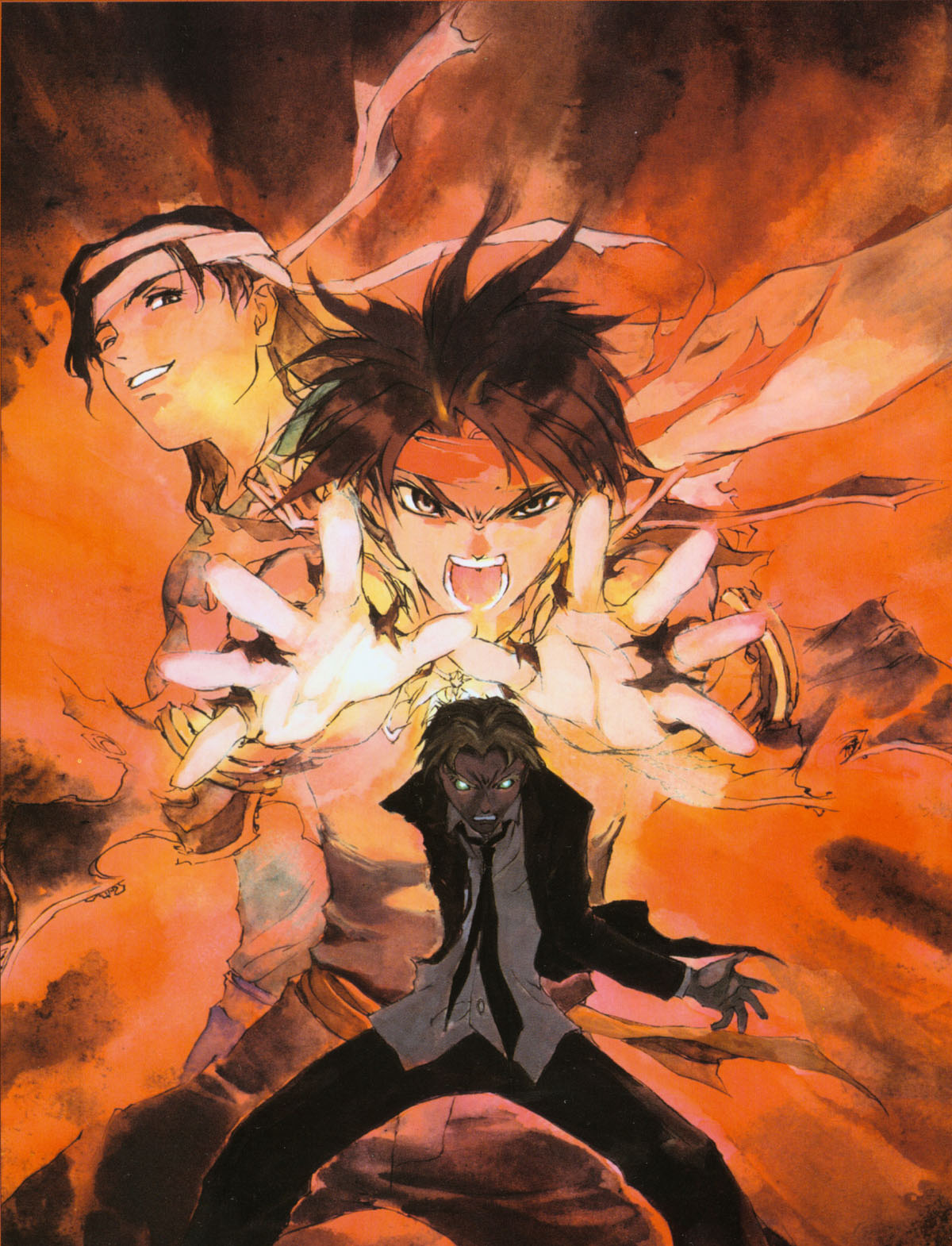kusaka yuuya, orphen, majutsushi orphen, highres, scan, 1girl, 2boys, black hair, headband, multiple boys, open mouth