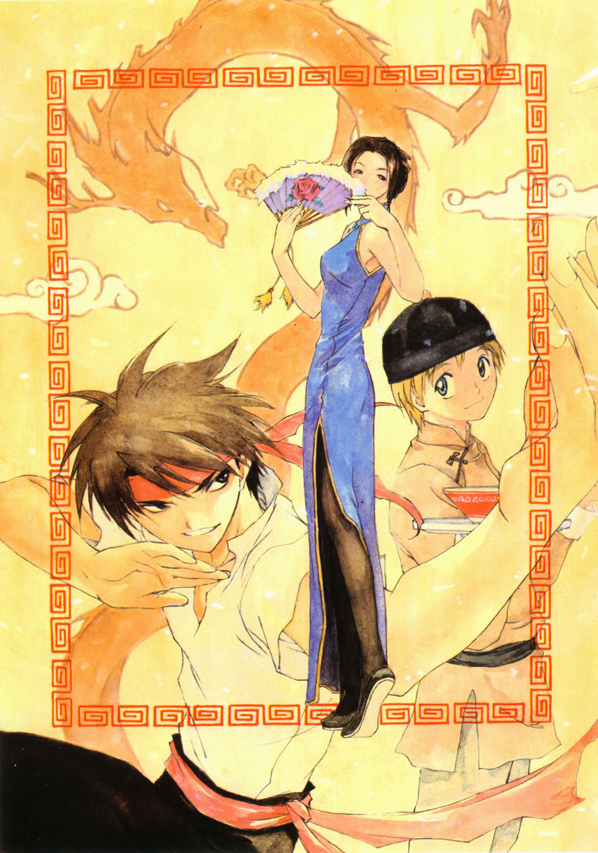 kusaka yuuya, constance magee, majic lin, orphen, majutsushi orphen, highres, scan, 1girl, 2boys, black hair, blonde hair, blue eyes, china dress, chinese clothes, dress, folding fan, hand fan, headband, multiple boys, pantyhose