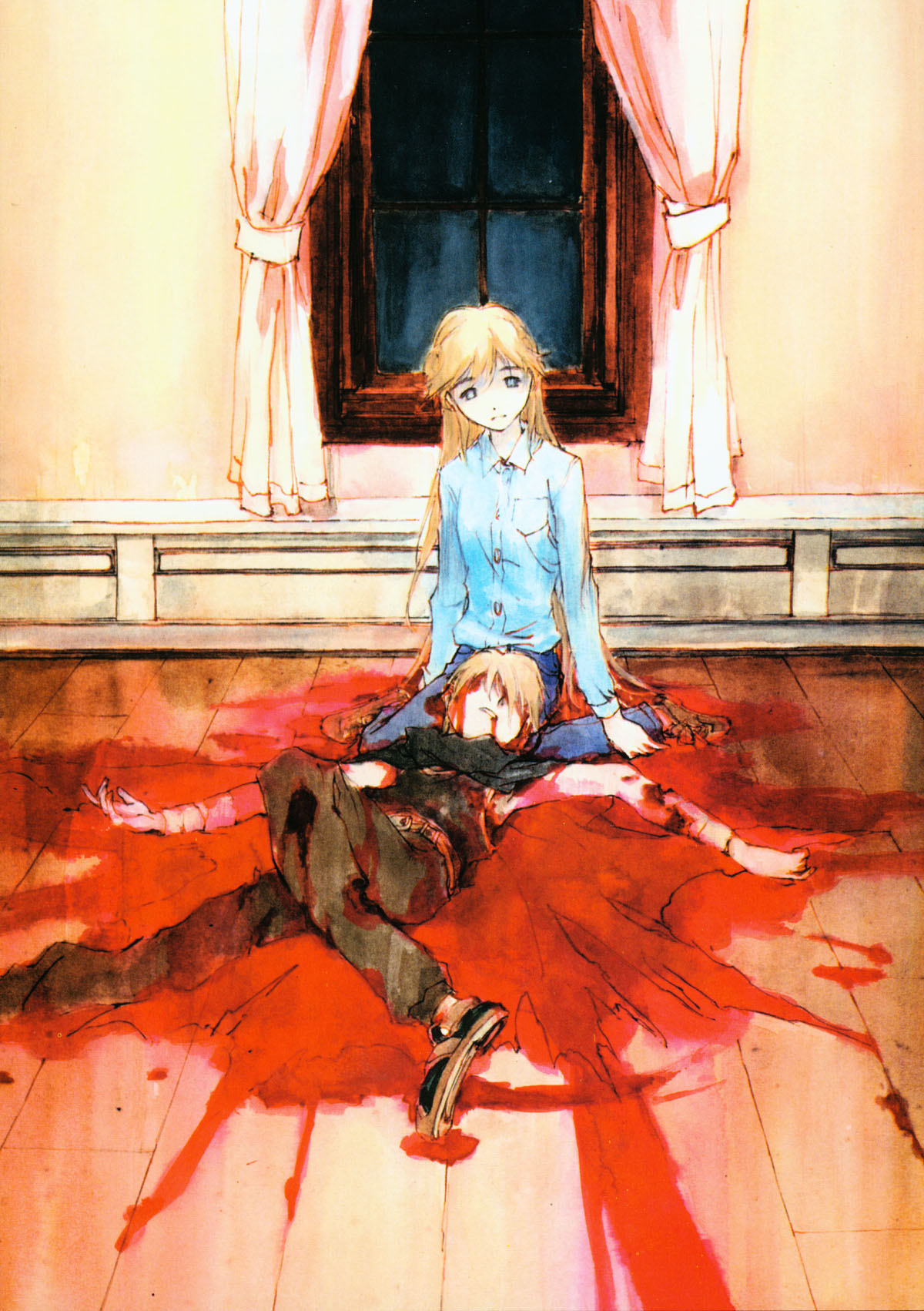 kusaka yuuya, cleo everlastin, majic lin, majutsushi orphen, highres, scan, 1boy, 1girl, blonde hair, blood, death, long hair