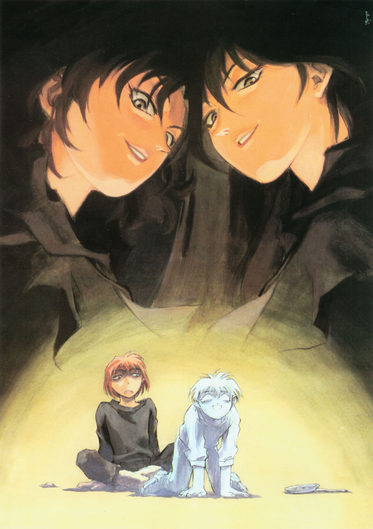 kusaka yuuya, azalie cait sith, hartia, leticia maccready, orphen, majutsushi orphen, highres, scan, 2boys, 2girls, black hair, multiple boys, multiple girls, red hair, short hair