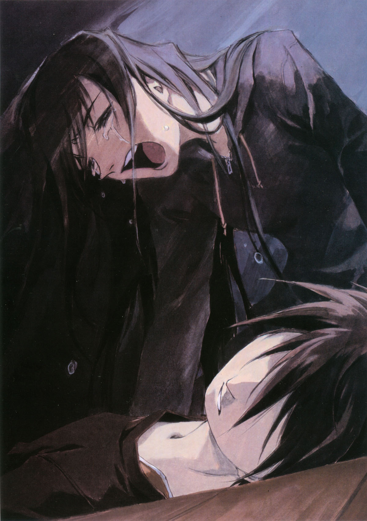 kusaka yuuya, leticia maccready, orphen, majutsushi orphen, highres, 1boy, 1girl, black hair, long hair, open mouth, tears