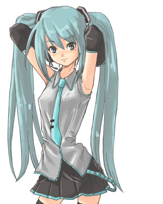 yokoyoko, hatsune miku, vocaloid, 1girl, aqua hair, armpits, arms up, female focus, long hair, necktie, solo, thighhighs, twintails, very long hair