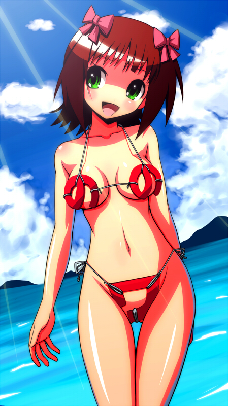 shirono, amami haruka, nonowa, idolmaster, idolmaster (classic), idolmaster 1, 1girl, beach, bikini, blue sky, breasts, cloud, cowboy shot, day, dutch angle, female focus, green eyes, horizon, medium breasts, navel, open mouth, outdoors, parody, red bikini, sky, solo, string bikini, swimsuit, thigh gap, water