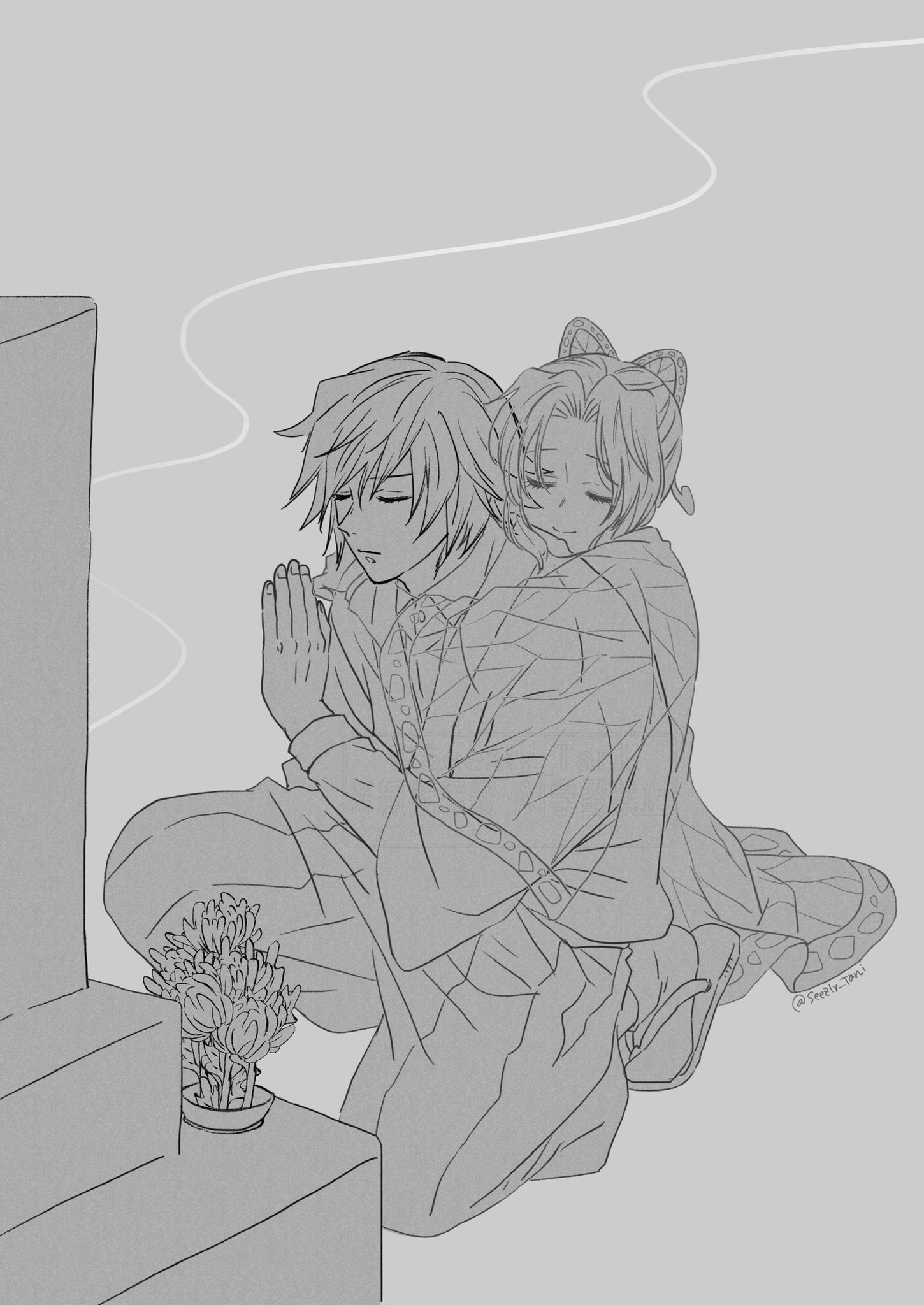 seezly tani, kochou shinobu, tomioka giyuu, kimetsu no yaiba, highres, 1boy, 1girl, animal print, arms around neck, butterfly hair ornament, butterfly print, closed eyes, flower, full body, grave, grey background, greyscale, hair between eyes, hair ornament, hakama, hakama pants, haori, hug, hug from behind, japanese clothes, light smile, long hair, monochrome, on one knee, pants, parted bangs, praying, print haori, sandals, shrine, sidelocks, smoke, spirit, twintails, updo