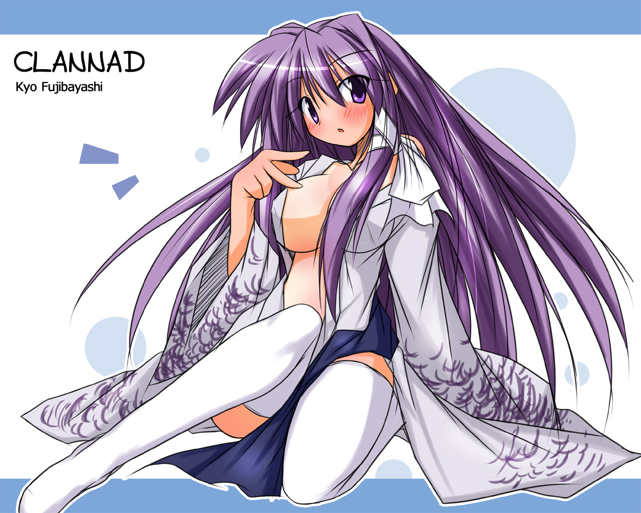 umesato yukino, fujibayashi kyou, clannad, 00s, blush, breasts, japanese clothes, kimono, large breasts, long hair, open clothes, solo, thighhighs, yukata