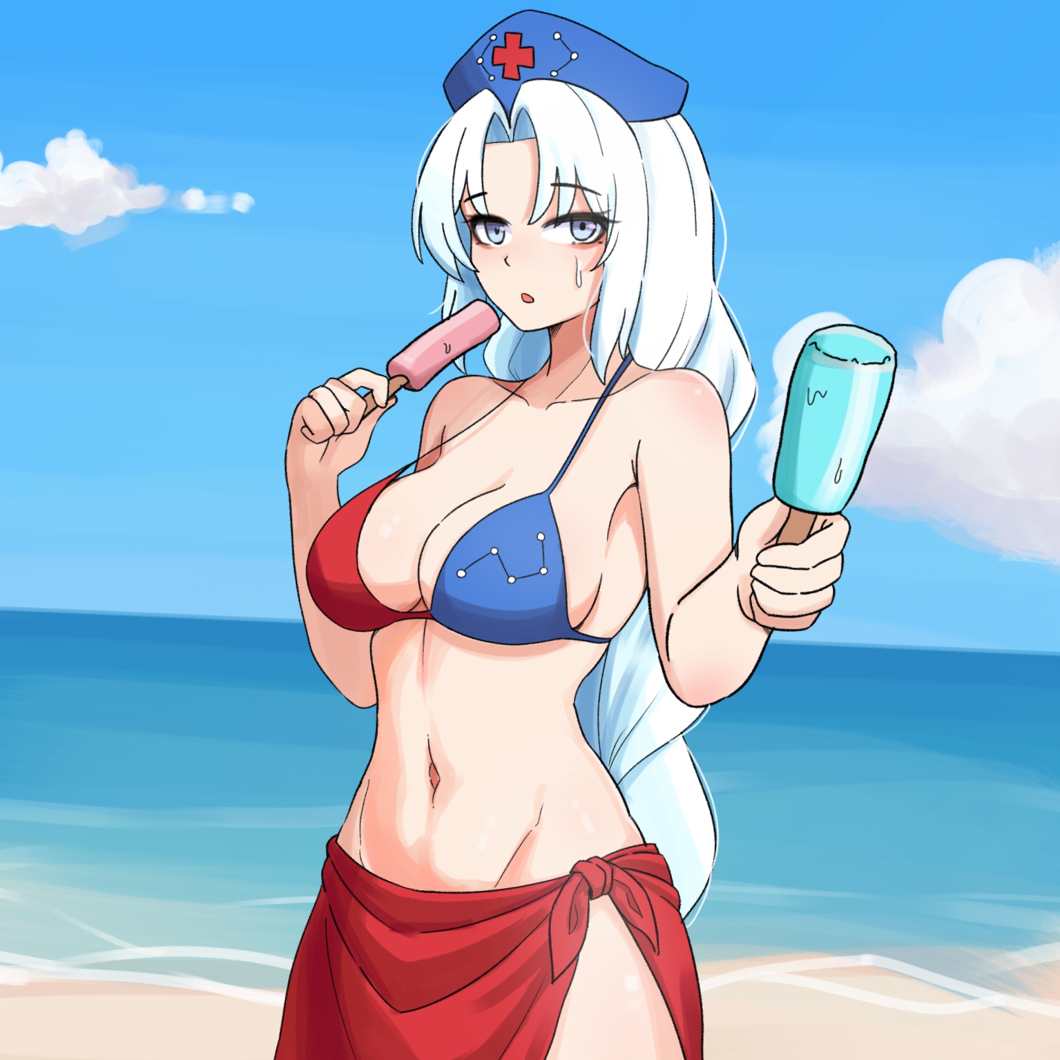 ehehe52921343, yagokoro eirin, touhou, commentary, highres, 1girl, beach, bikini, blue bikini, blue sky, breasts, cloud, constellation print, cowboy shot, food, grey eyes, hat, holding, holding food, holding popsicle, incoming gift, large breasts, long hair, looking at viewer, multicolored bikini, navel, nurse cap, ocean, open mouth, popsicle, red bikini, red sarong, sarong, sky, solo, stomach, sweatdrop, swimsuit, two-tone bikini, white hair