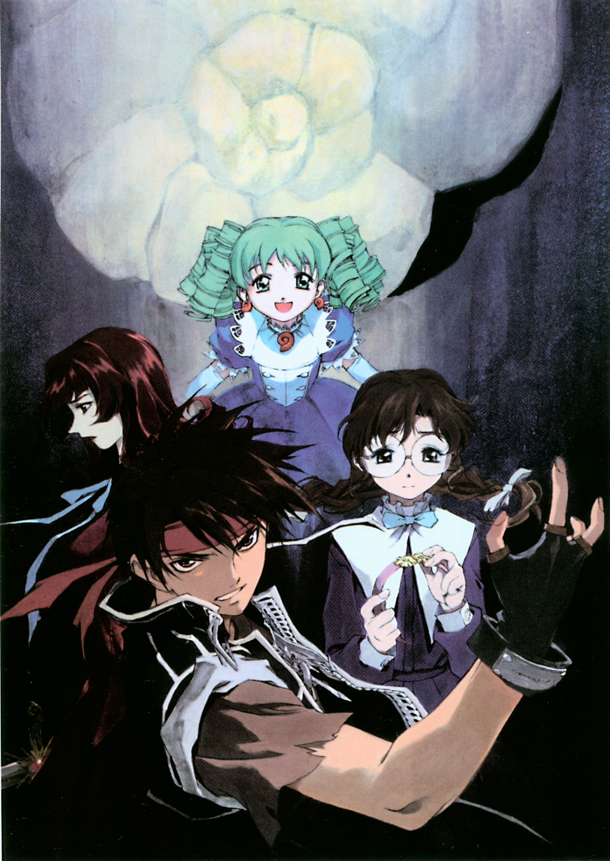 kusaka yuuya, elkarena, esperanza, lycoris nielsen, orphen, majutsushi orphen, highres, scan, 1boy, 3girls, black hair, braid, brown hair, dress, earrings, fingerless gloves, glasses, gloves, green eyes, hairband, headband, jewelry, multiple girls, open mouth, twin braids