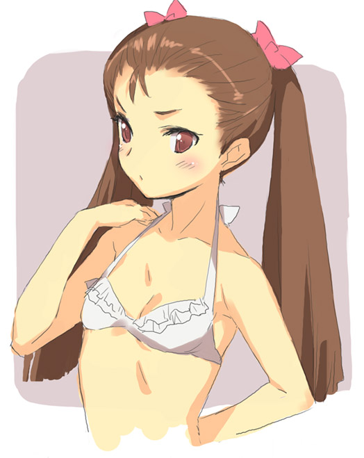 kawata hisashi, minase iori, idolmaster, idolmaster (classic), idolmaster 1, 00s, 1girl, alternate hairstyle, bikini, blush, brown hair, female focus, flat chest, long hair, solo, swimsuit, twintails, upper body, white bikini