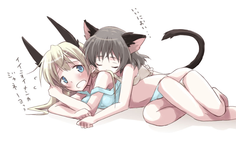 kimishima ao, eila ilmatar juutilainen, sanya v. litvyak, strike witches, world witches series, translated, 00s, 2girls, couple, multiple girls, simple background, smelling, yuri