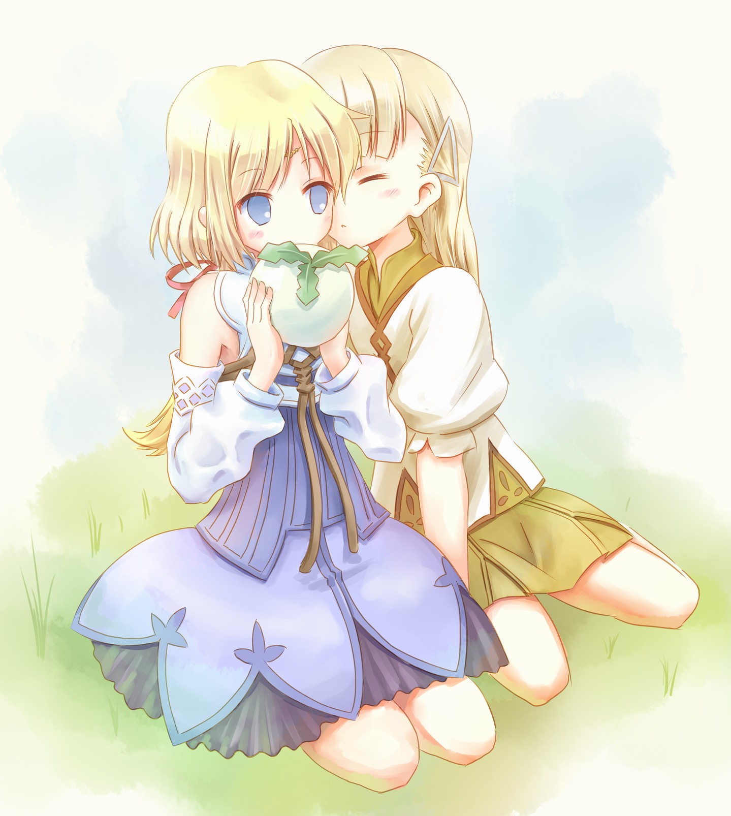 akeyama, mist (rune factory), rosetta, rune factory, rune factory 1, highres, 2girls, blue dress, blue eyes, blush, closed eyes, dress, food, full body, hair ornament, hairclip, holding, holding food, holding vegetable, low ponytail, multiple girls, on grass, ponytail, puffy short sleeves, puffy sleeves, seiza, short sleeves, sitting, straight hair, turnip, vegetable, yuri