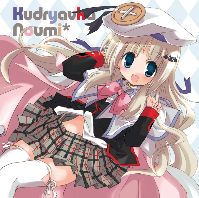 hizuki yayoi, noumi kudryavka, little busters!, 1girl, blue eyes, bow, buttons, cape, female focus, hat, large buttons, long hair, pink bow, plaid clothes, plaid skirt, school uniform, serafuku, skirt, solo, thighhighs