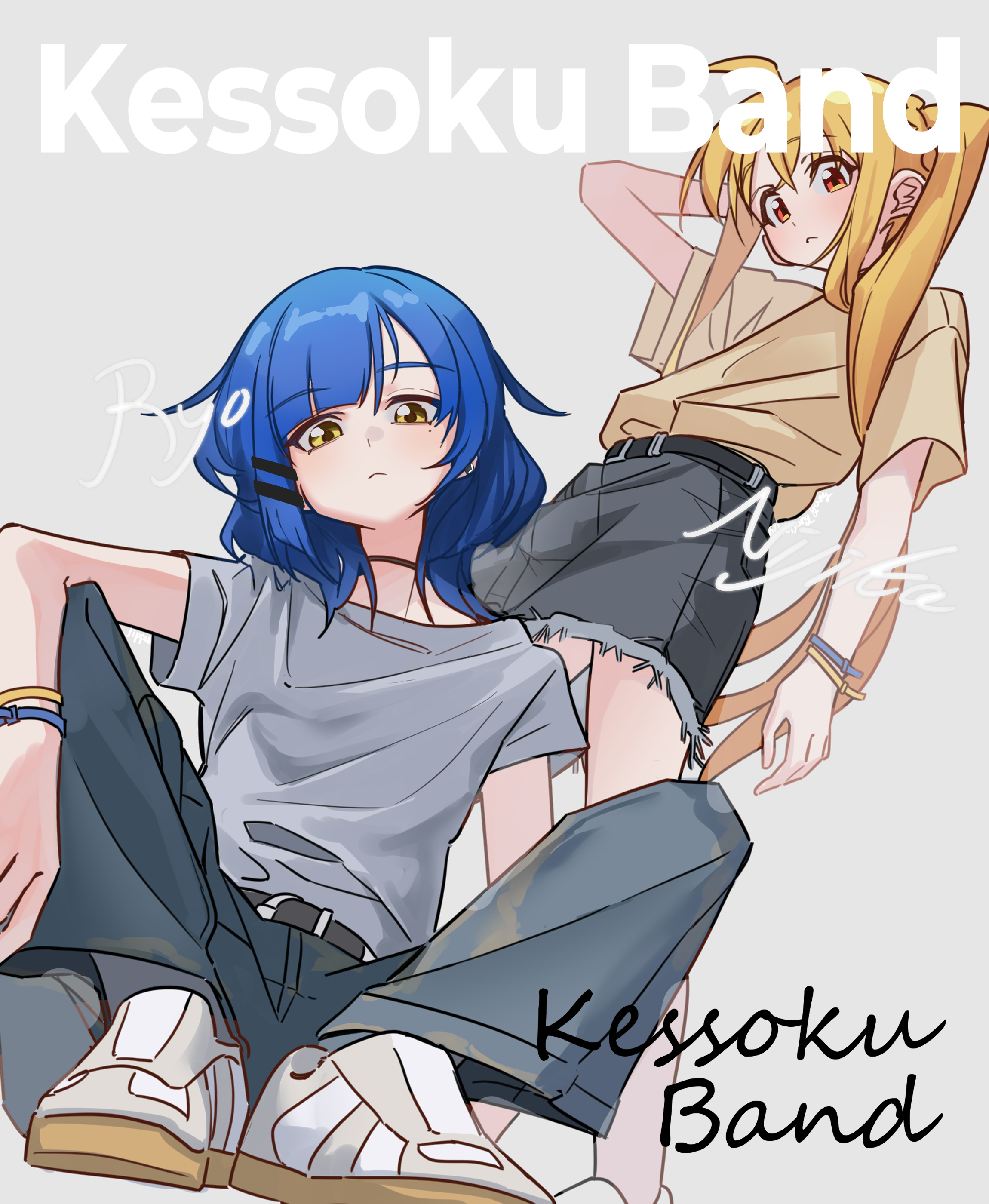 ingyanggang, ijichi nijika, yamada ryo, bocchi the rock!, absurdres, highres, alternate costume, arm behind head, arm on knee, armband, belt, black belt, black choker, black pants, black skirt, blonde hair, blue armband, blue hair, character signature, choker, english text, grey background, grey shirt, hair ornament, hairclip, kessoku band, looking at viewer, on floor, pants, parallel hairclips, red eyes, shirt, shoes, short hair, side ponytail, simple background, sitting, skirt, white shoes, yellow armband, yellow eyes, yellow shirt