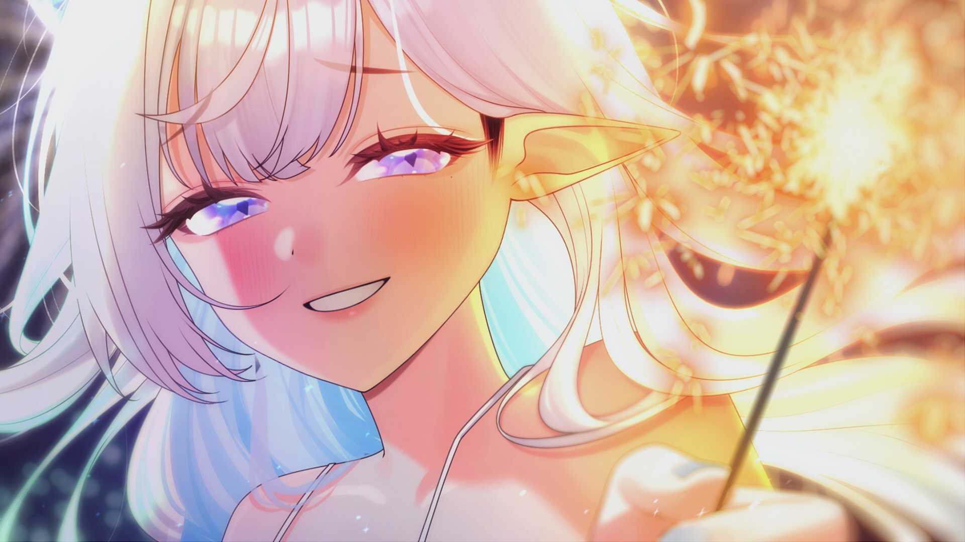 halo sweety (artist), halo sweety, indie virtual youtuber, highres, 1girl, blue hair, blush, colored inner hair, diamond-shaped pupils, diamond (shape), eyelashes, fireworks, holding, holding fireworks, long hair, mole, mole under eye, multicolored hair, pointy ears, purple eyes, smile, solo, sparkler, symbol-shaped pupils, upper body, virtual youtuber, white hair
