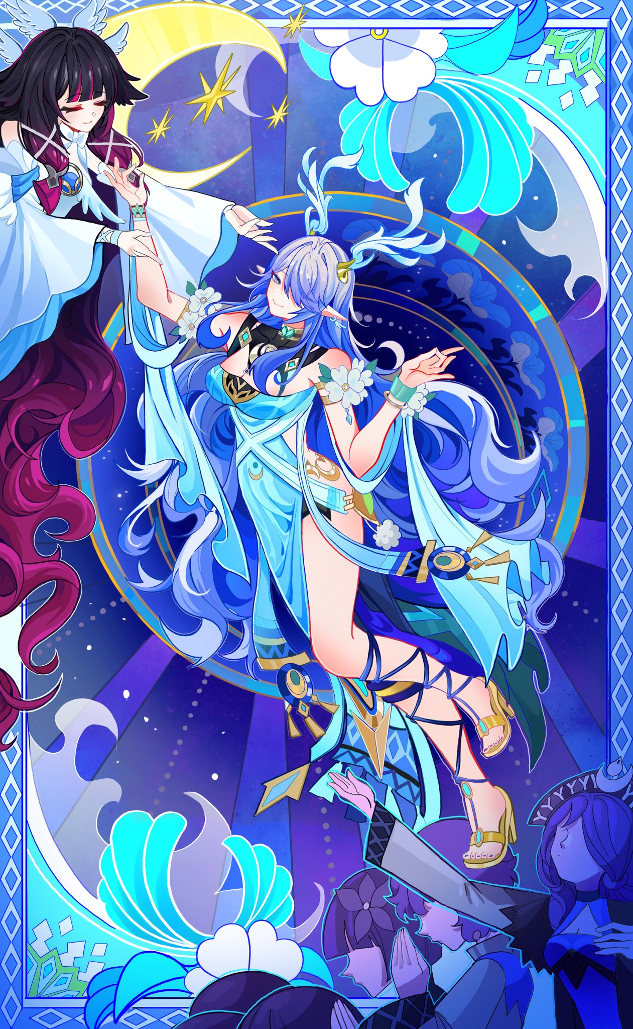 columbina (genshin impact), lauma (genshin impact), genshin impact, commentary, highres, 2girls, antlers, bare shoulders, black hair, blue background, blue eyes, blue hair, blue nails, blunt bangs, breasts, closed eyes, closed mouth, crescent, deer antlers, dress, full body, hair over one eye, hand up, high heels, horns, large breasts, long hair, multicolored hair, multiple girls, nail polish, pelvic curtain, pointy ears, purple hair, sleeveless, sleeveless dress, smile, toenail polish, toenails, very long hair, viviwi