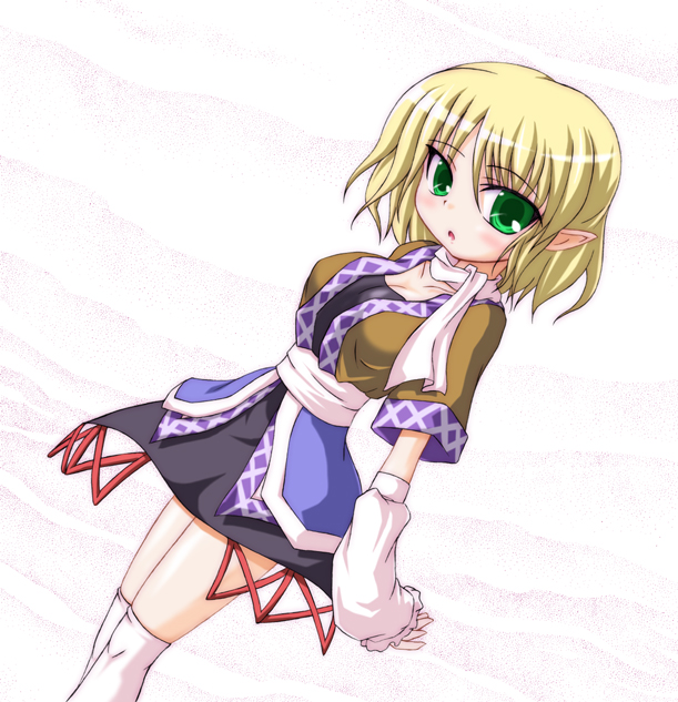 inasaki shirau, mizuhashi parsee, touhou, 1girl, arm warmers, blonde hair, breasts, cleavage, dutch angle, female focus, green eyes, pointy ears, short hair, solo, thighhighs