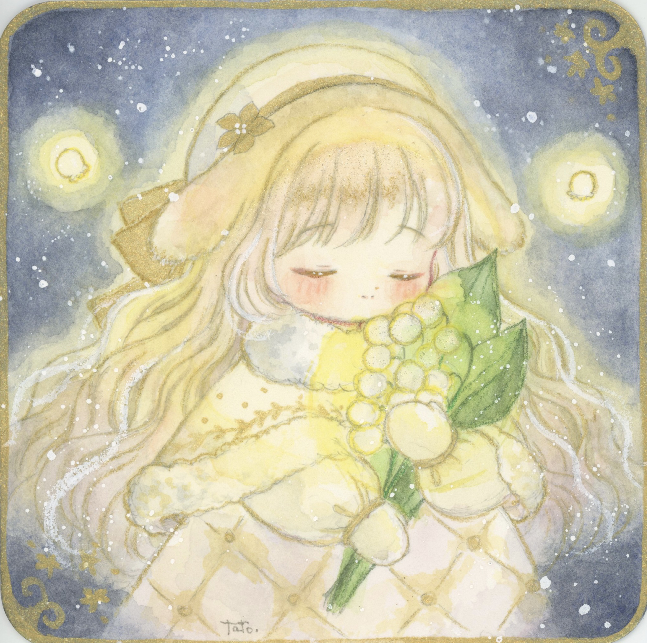 tato (kunikida-3), original, highres, painting (medium), traditional media, watercolor (medium), 1girl, blonde hair, blush, capelet, christmas, flower, glowing, hat, lily of the valley, poncho, quilted clothes, snow, winter clothes, yurie mouth