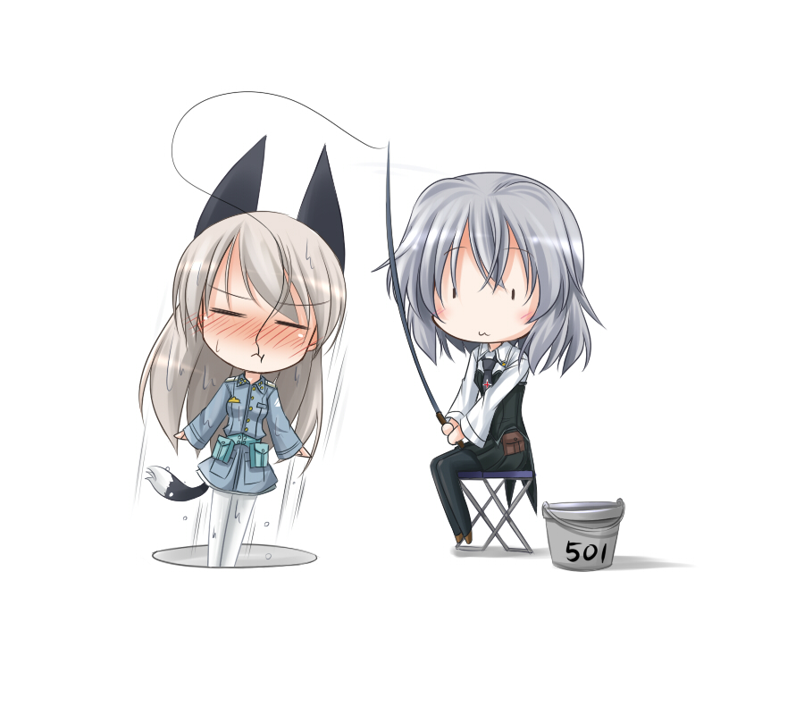 eila ilmatar juutilainen, sanya v. litvyak, strike witches, world witches series, 00s, 2girls, animal ears, black pantyhose, fishing, fishing rod, holding, holding fishing rod, ice, multiple girls, pantyhose, simple background, white pantyhose