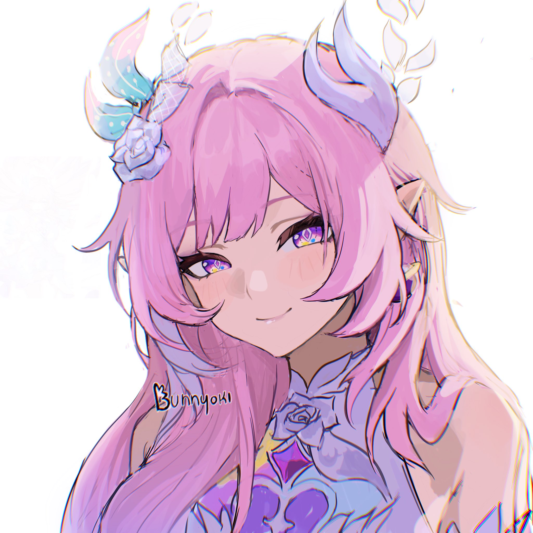bunnyoki, cyrene (honkai: star rail), cyrene (ripples of past reverie) (honkai: star rail), honkai: star rail, honkai (series), commentary, highres, 1girl, artist name, bare shoulders, hair ornament, long hair, looking at viewer, pink hair, pointy ears, portrait, purple eyes, signature, simple background, smile, solo, white background
