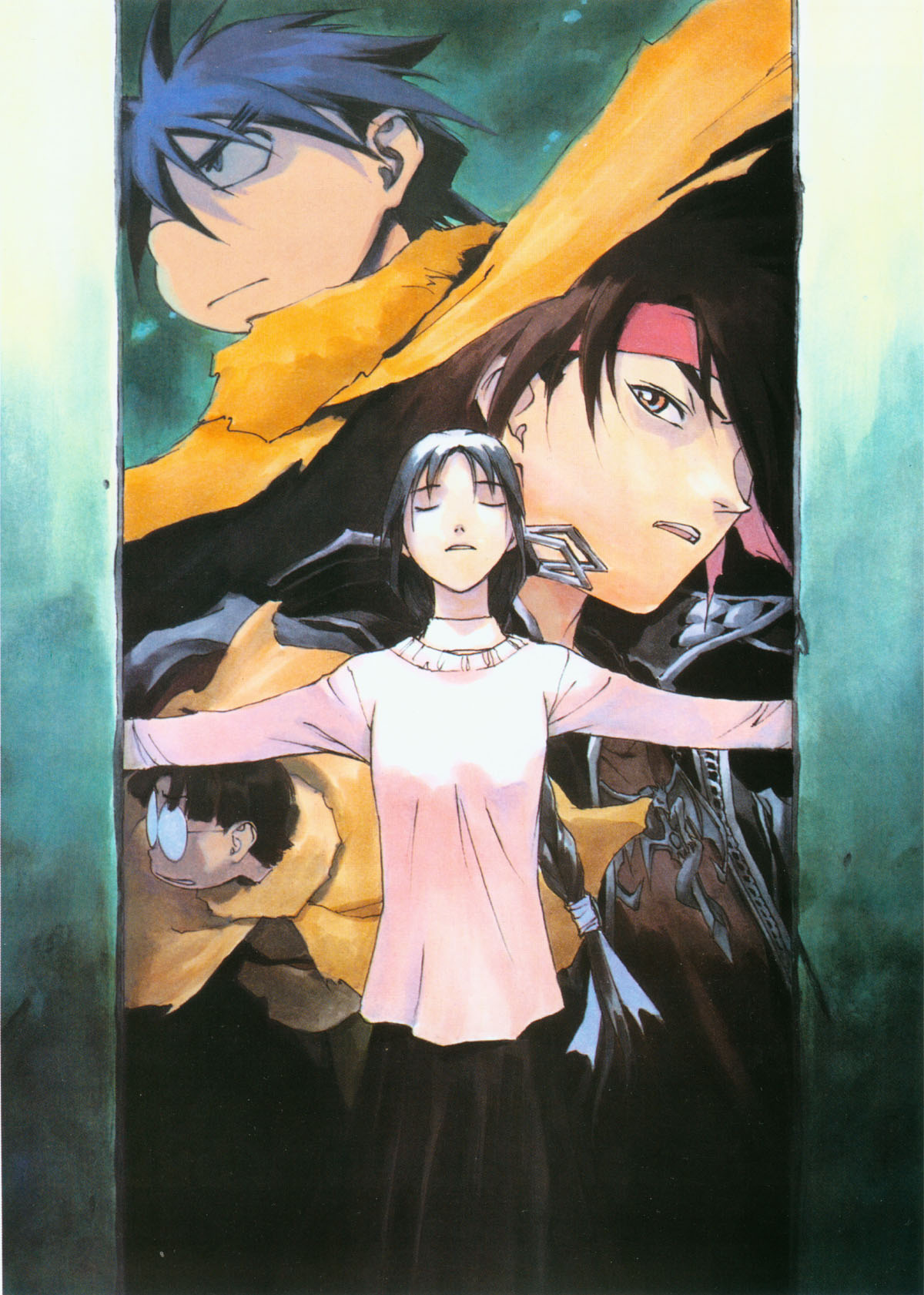 kusaka yuuya, dortin, orphen, volkan, majutsushi orphen, highres, scan, 1girl, 3boys, black hair, brown eyes, closed eyes, glasses, headband, multiple boys