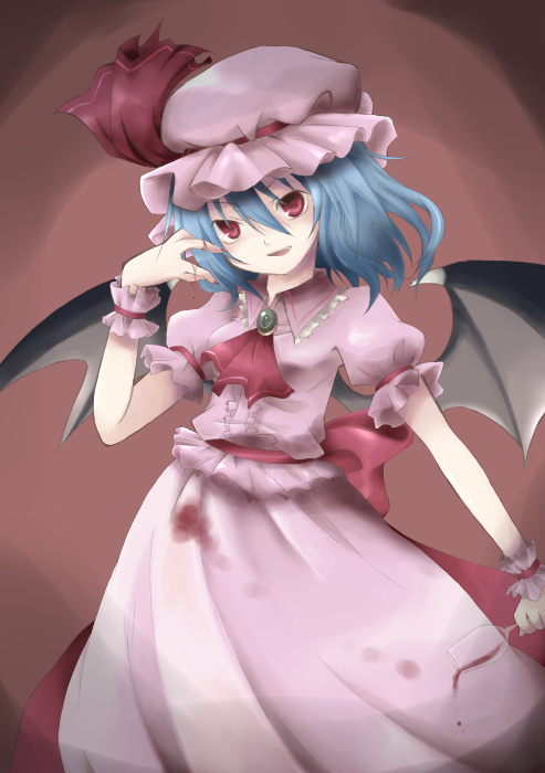 nekomoto, nu (pixiv), remilia scarlet, touhou, 1girl, blue hair, cup, drinking glass, female focus, hat, head tilt, red eyes, ribbon, short hair, solo, spill, stain, wine glass, wings, wrist cuffs