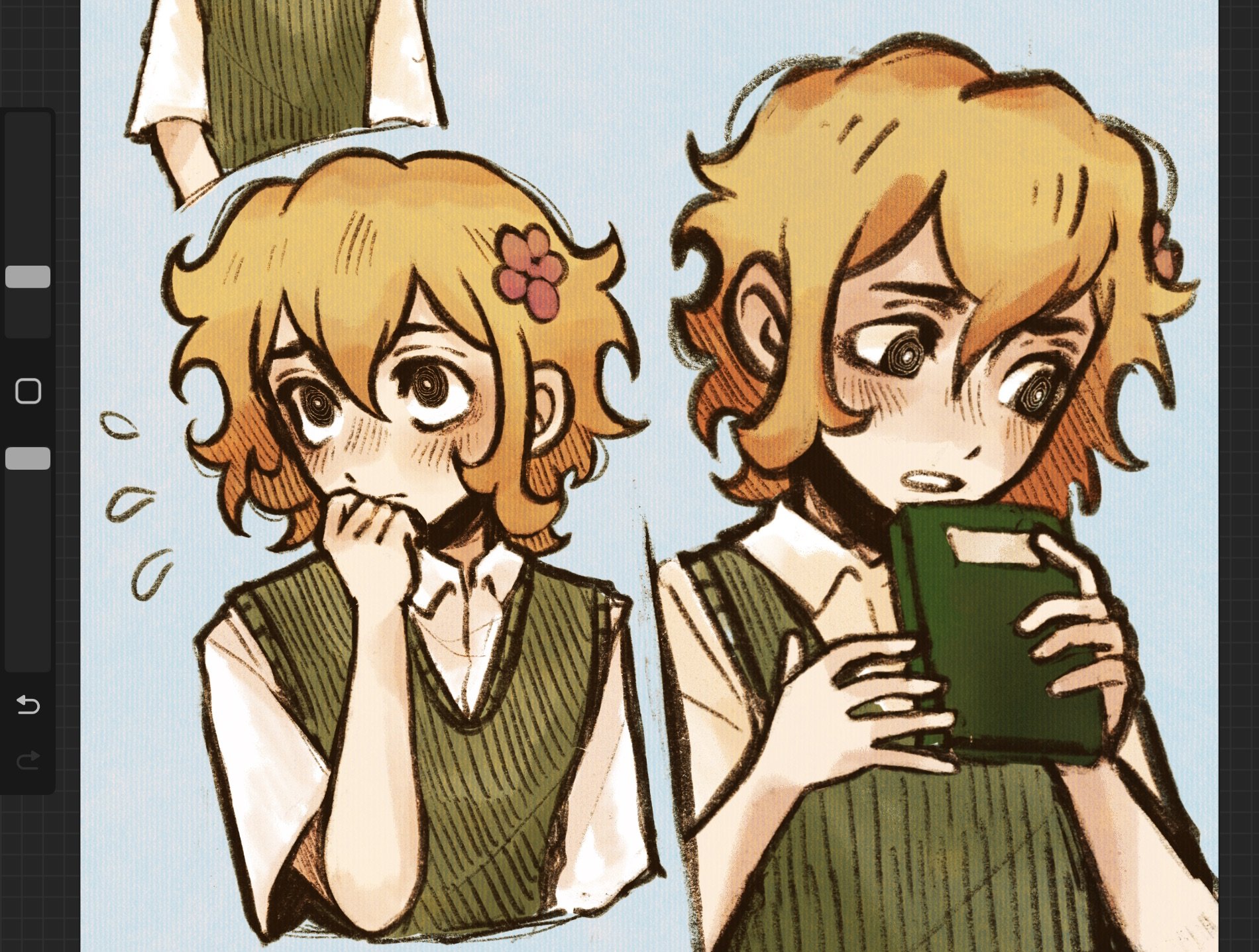 ottie pops, basil (faraway) (omori), basil (omori), omori, highres, 1boy, alternate eye color, art program in frame, black eyes, blonde hair, blue background, bright pupils, closed mouth, collared shirt, double-parted bangs, flower, flying sweatdrops, green sweater vest, hair between eyes, hair flower, hair ornament, open mouth, shirt, short hair, short sleeves, sidelocks, simple background, solo, sweater vest, white pupils, white shirt