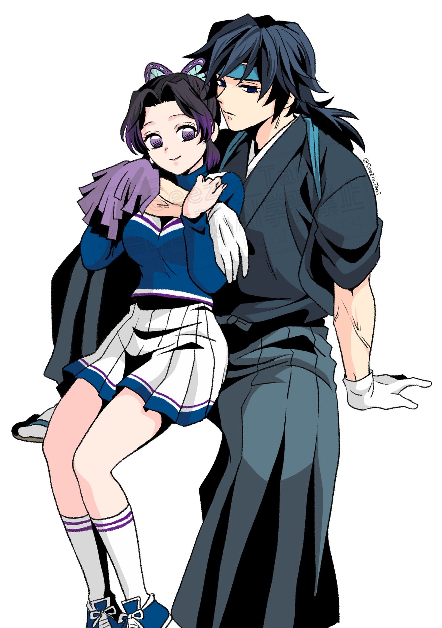 seezly tani, kochou shinobu, tomioka giyuu, kimetsu no yaiba, highres, 1boy, 1girl, arm around neck, black eyes, black hair, black hakama, black shirt, blue headband, blue shirt, breasts, butterfly hair ornament, cheerleader, colored tips, couple, feet out of frame, gloves, gradient hair, hair ornament, hakama, headband, hetero, holding another's arm, japanese clothes, long hair, low ponytail, medium breasts, multicolored hair, parted bangs, pleated skirt, pom pom (cheerleading), ponytail, purple eyes, purple hair, shirt, shoes, sidelocks, sitting, skirt, sleeves rolled up, smile, sneakers, socks, updo, veins, veiny arms, white background, white gloves, white skirt, white socks