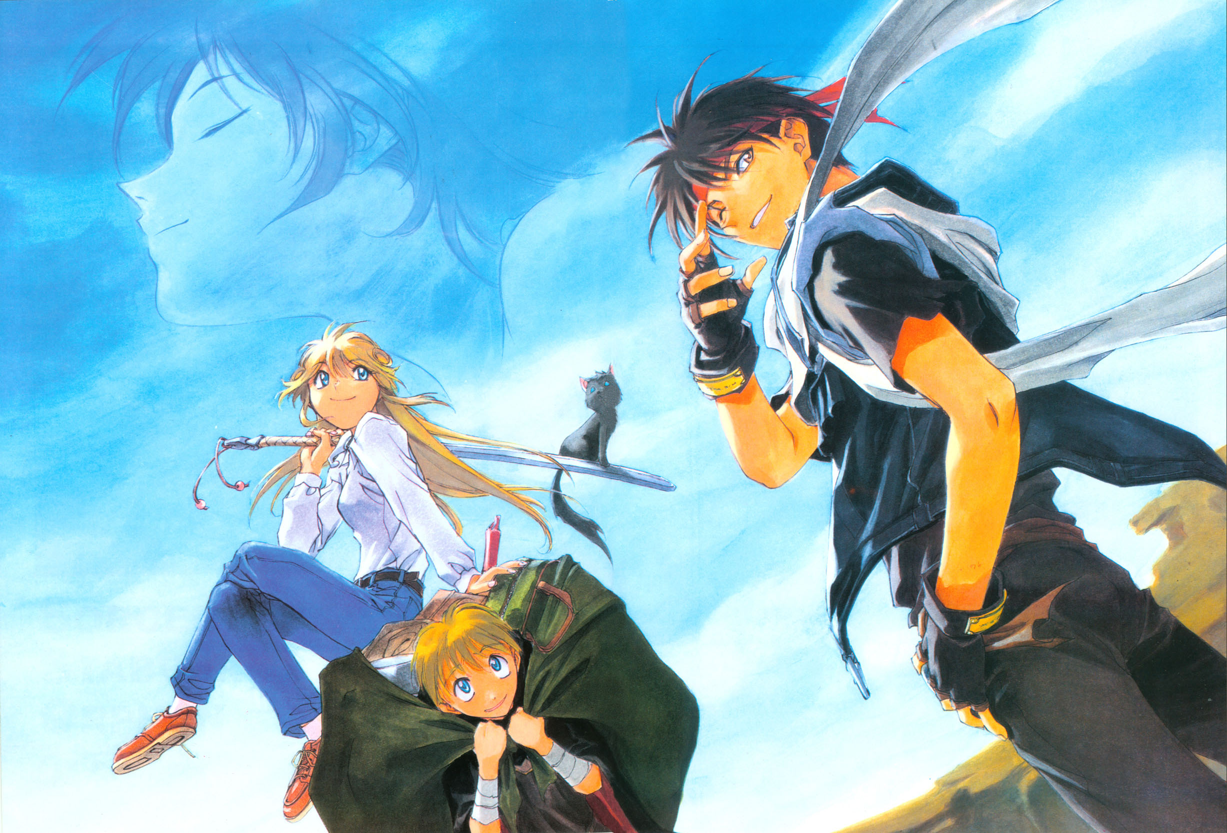 kusaka yuuya, azalie cait sith, cleo everlastin, leki, majic lin, orphen, majutsushi orphen, highres, scan, 2boys, 2girls, black hair, blonde hair, blue eyes, brown eyes, cat, fingerless gloves, gloves, headband, long hair, multiple boys, multiple girls, one eye closed, sword, weapon