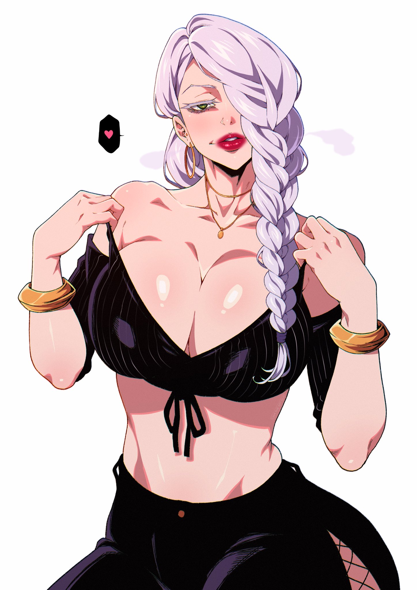 cam the art guy, mei mei (jujutsu kaisen), jujutsu kaisen, highres, non-web source, 1girl, ass, bracelet, breasts, chain, earrings, huge ass, jewelry, large breasts, lips, lipstick, looking at viewer, makeup, shiny skin, stomach, white hair
