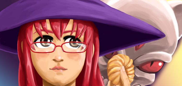 mike (arcana heart), yasuzumi yoriko, aq interactive, arcana heart, atlus, examu, glasses, hat, red hair, witch, witch hat