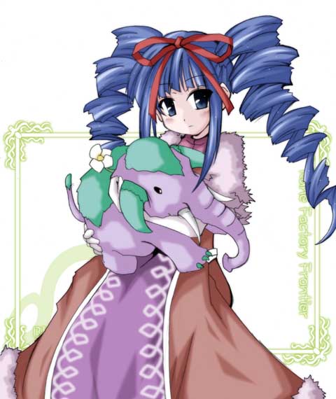 sanari (quarter iceshop), bianca (rune factory), rune factory, rune factory frontier, 1girl, 2000s (style), blue eyes, blue hair, capelet, closed mouth, copyright name, cowboy shot, dress, drill hair, expressionless, fur trim, hair ribbon, red ribbon, ribbon, sidelocks, twin drills