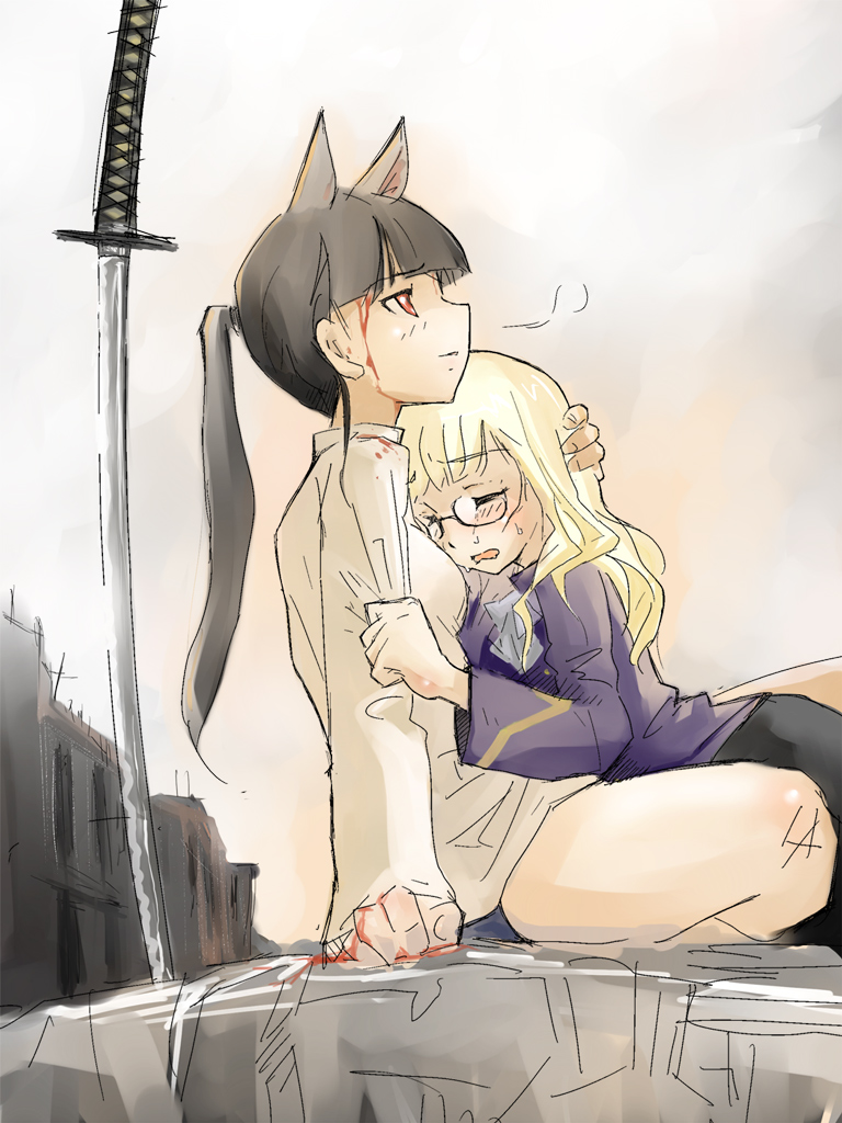 hi-yo, perrine h. clostermann, sakamoto mio, strike witches, world witches series, 00s, 2girls, animal ears, bleeding, blood, blood on face, crying, glasses, hand on another's head, head rest, hug, injury, multiple girls, pantyhose, ponytail, ruins, sky, smile, sword, tears, weapon