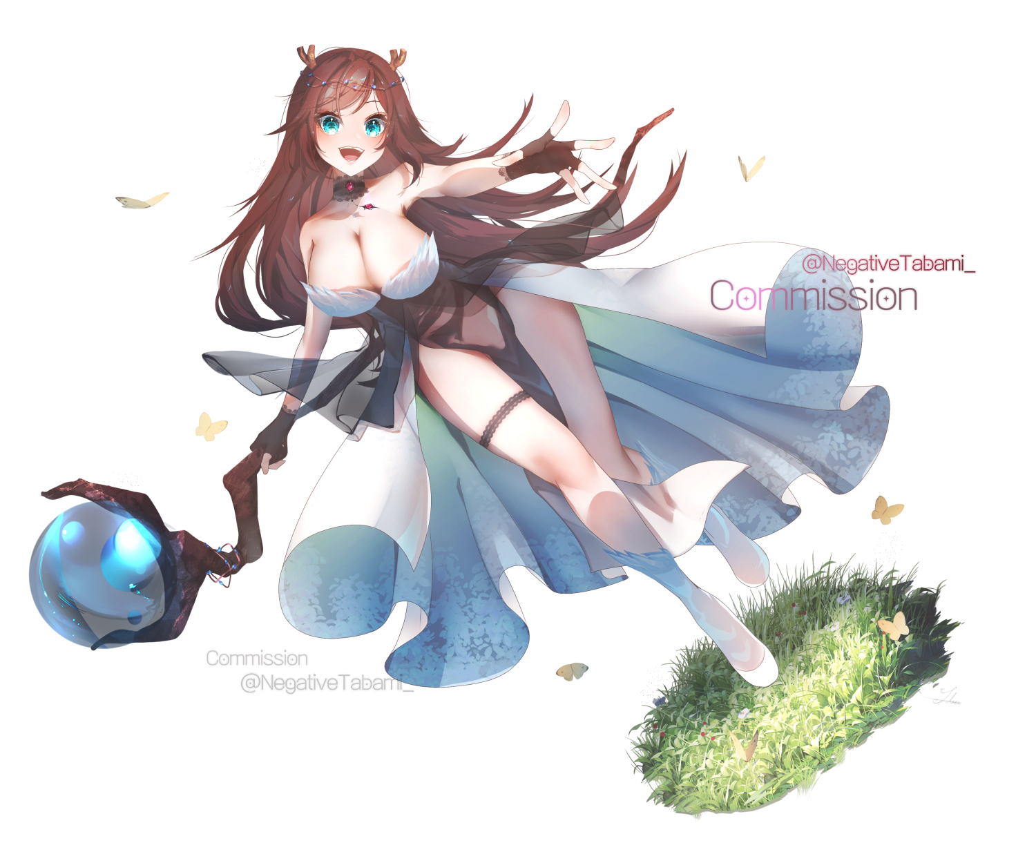 negativetabami, sugi aoki, indie virtual youtuber, commission, highres, 1girl, bare shoulders, black gloves, blue eyes, breasts, brooch, brown hair, bug, butterfly, cleavage, dragon horns, fingerless gloves, gloves, grass, holding, holding staff, horns, insect, jewelry, large breasts, long hair, open mouth, pelvic curtain, see-through clothes, shoes, showgirl skirt, smile, solo, staff, thigh strap, twitter username, virtual youtuber, white shoes