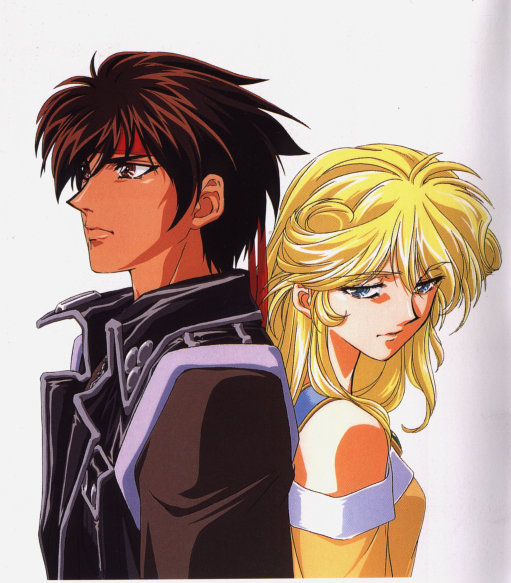 cleo everlastin, orphen, majutsushi orphen, highres, scan, 1boy, 1girl, back-to-back, black hair, blonde hair, blue eyes, brown eyes, headband, long hair