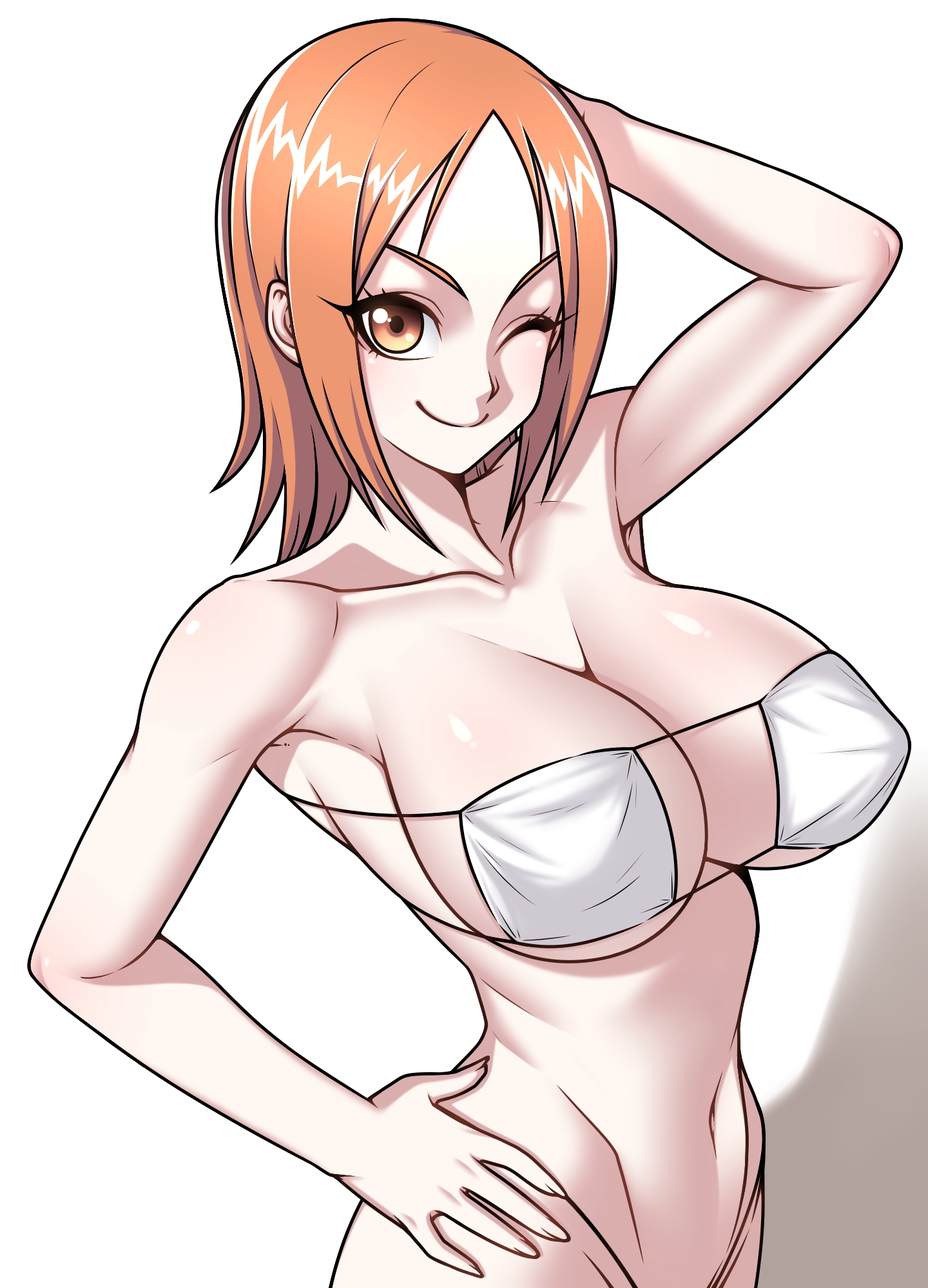 eron, nami (one piece), one piece, highres, 1girl, arm behind head, arm up, bikini, breasts, closed mouth, collarbone, eyelashes, eyepatch bikini, female focus, hand on own hip, large breasts, looking at viewer, matching hair/eyes, medium hair, navel, orange eyes, orange hair, simple background, smile, solo, swimsuit, upper body, white background, white bikini