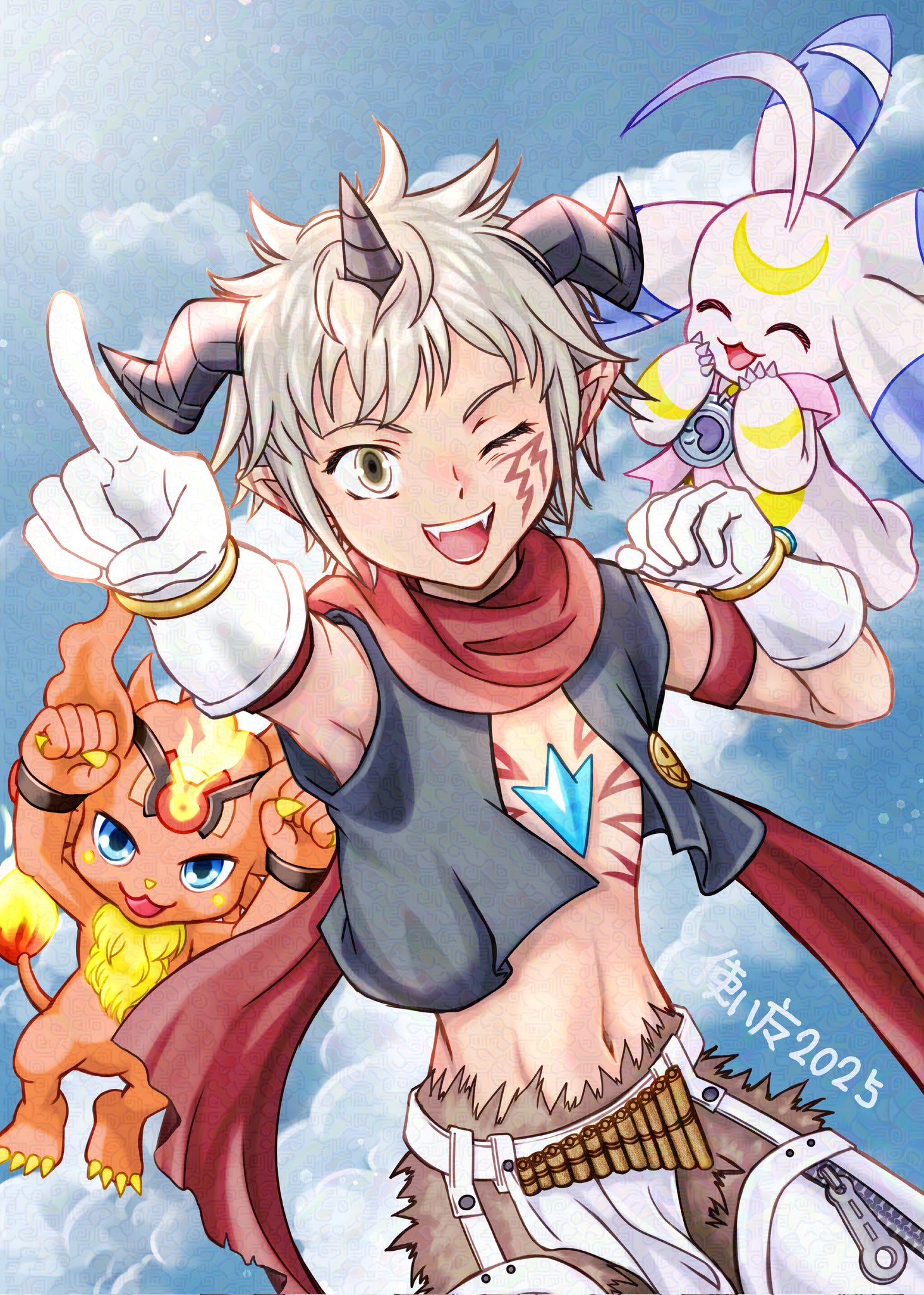 tsukaima (vfcou), aegiomon, coronamon, lunamon, digimon, digimon story: time stranger, highres, tagme