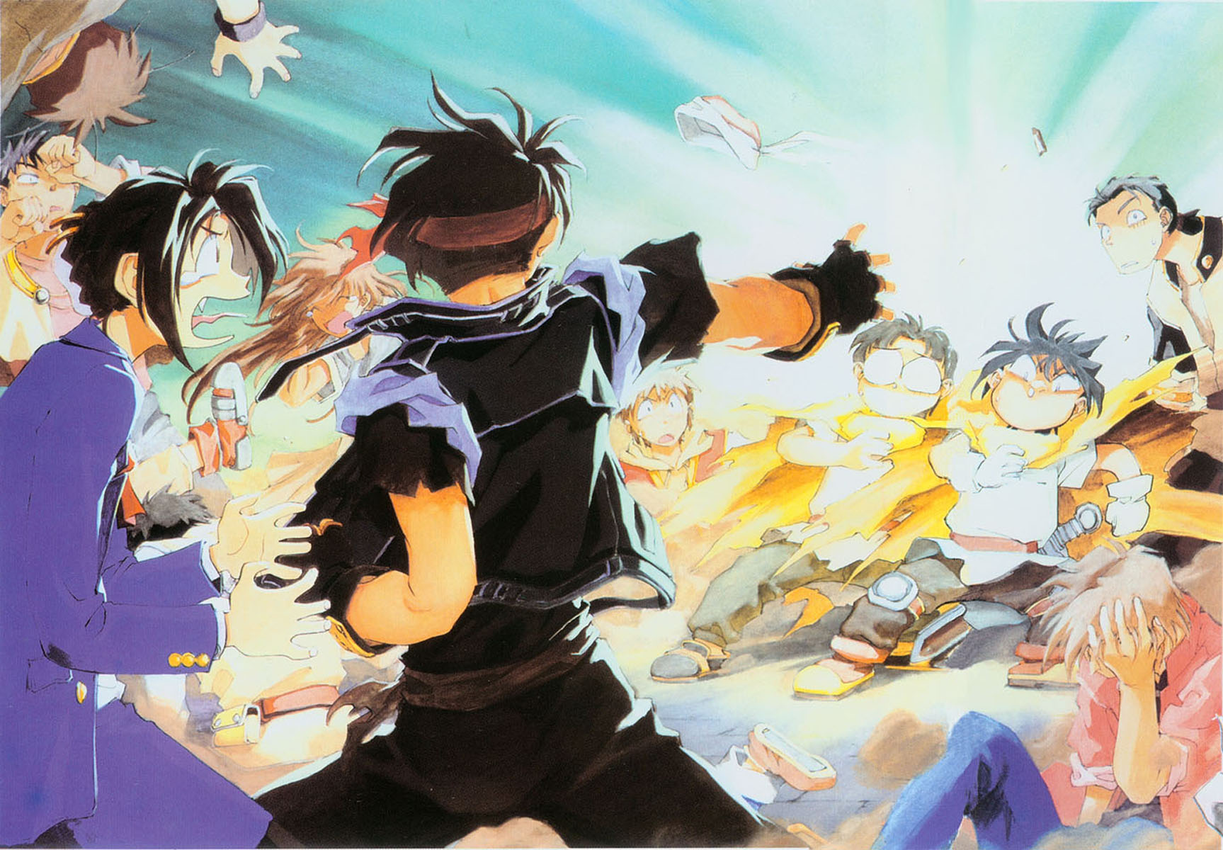 kusaka yuuya, constance magee, dortin, orphen, volkan, majutsushi orphen, highres, scan, 2girls, 6+boys, black hair, fingerless gloves, gloves, headband, multiple boys, multiple girls, open mouth, tongue