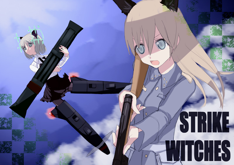 tank (artist), eila ilmatar juutilainen, sanya v. litvyak, strike witches, world witches series, light brown hair, silver hair, uniform, 00s, 2girls, animal ears, black pantyhose, drum magazine, gun, hirschgeweih antennas, long hair, magazine (weapon), multiple girls, pantyhose, rocket launcher, short hair, sky, striker unit, submachine gun, suomi kp/-31, weapon