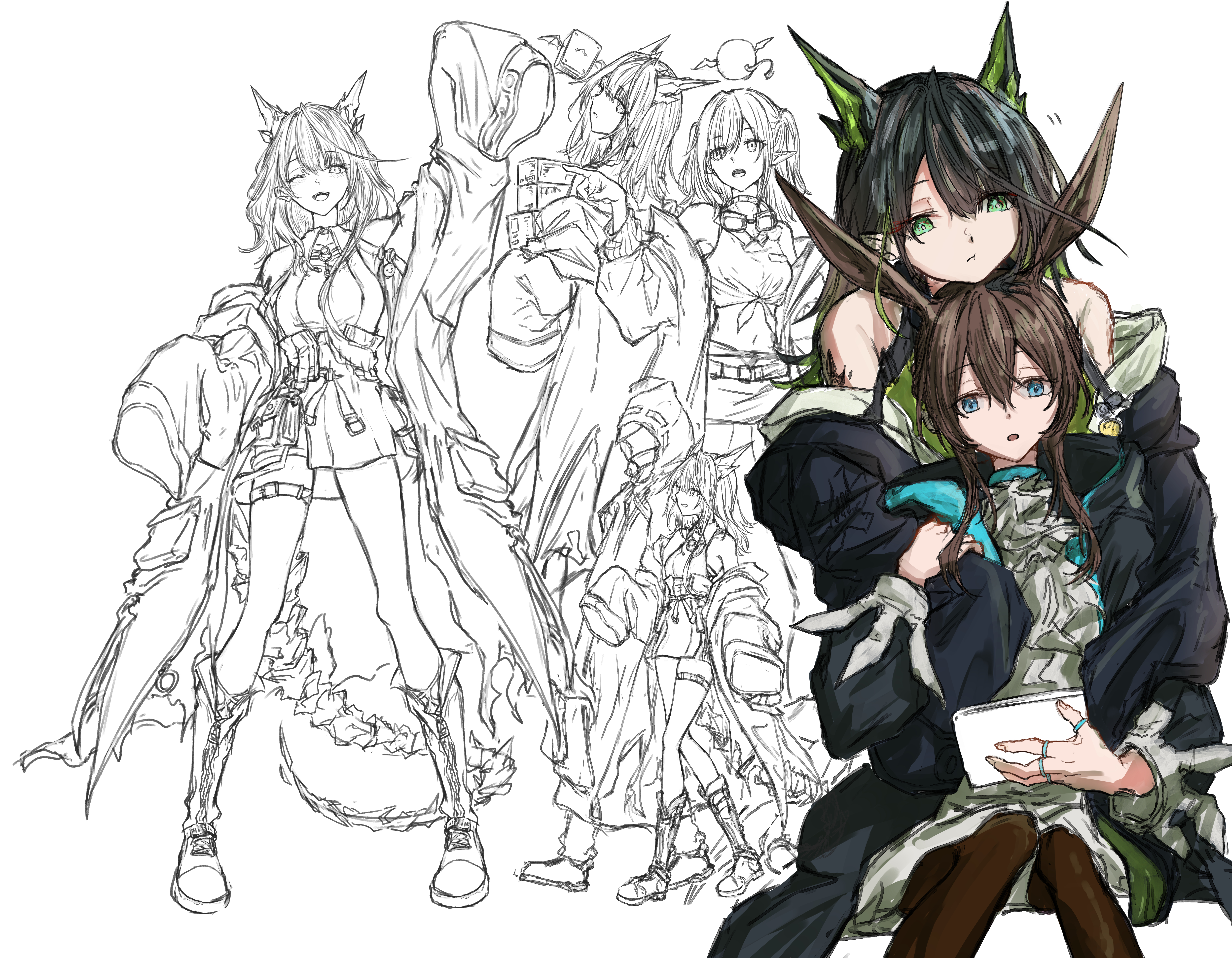 knm kamakura, amiya (arknights), amiya (medic) (arknights), closure (arknights), doctor (arknights), mon3tr (arknights), arknights, absurdres, highres, animal ears, ascot, black hair, black pantyhose, blue eyes, boots, brown hair, coat, dress, frilled ascot, frills, green dress, green eyes, green hair, hair between eyes, hug, hug from behind, invisible chair, jacket, knee boots, lineart, looking at viewer, medium hair, monochrome background, multicolored hair, off shoulder, open clothes, open coat, open jacket, pantyhose, partially colored, rabbit ears, short hair with long locks, sidelocks, sitting, sleeves past fingers, sleeves past wrists, two side up, walking, white dress