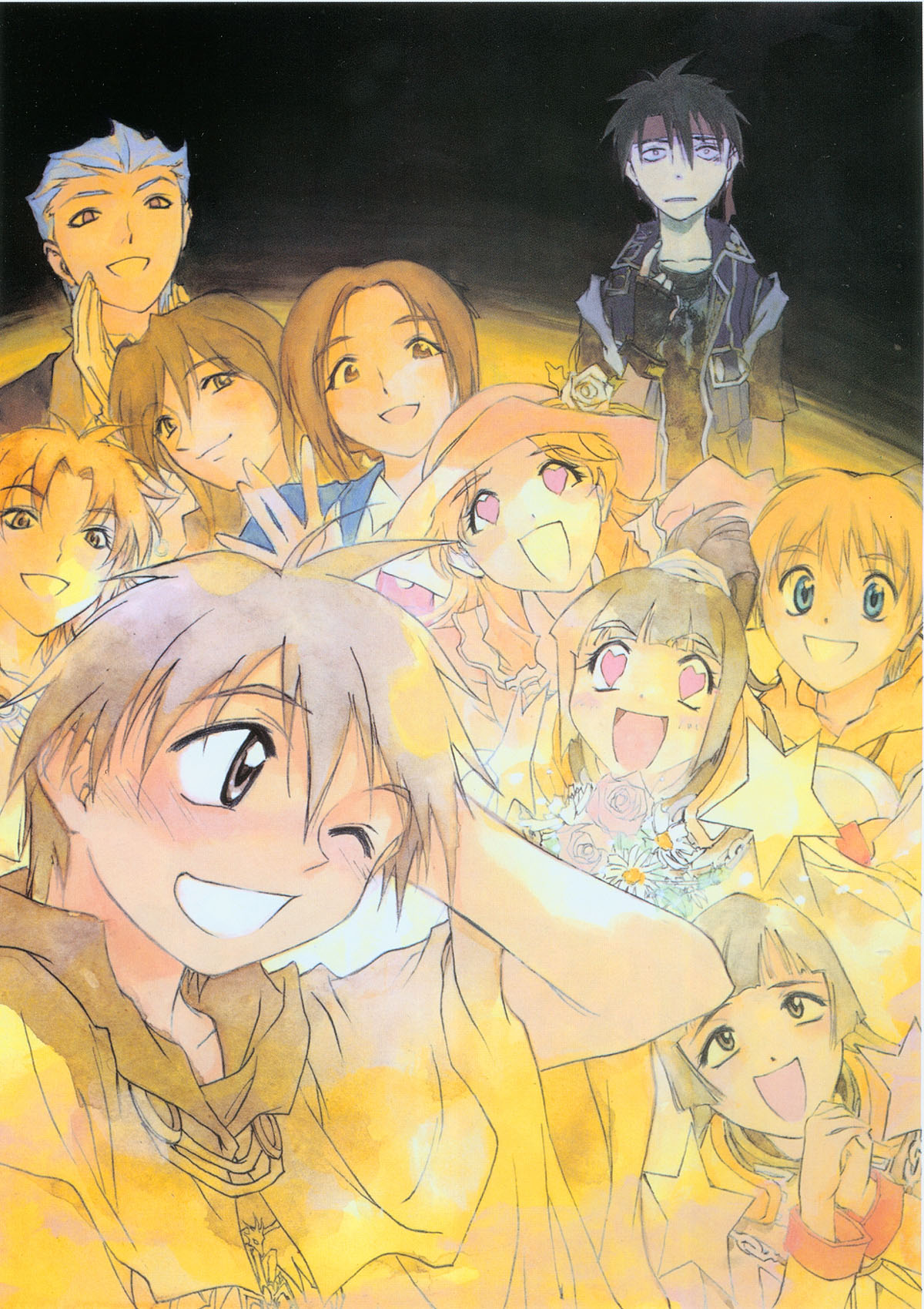 kusaka yuuya, azalie cait sith, bonnie magee, constance magee, keith royal, lathi curti, leticia maccready, majic lin, orphen, majutsushi orphen, silver hair, highres, scan, 4boys, 6+girls, black hair, blue eyes, brown hair, gloves, hat, headband, heart, multiple boys, multiple girls, one eye closed, open mouth, wink