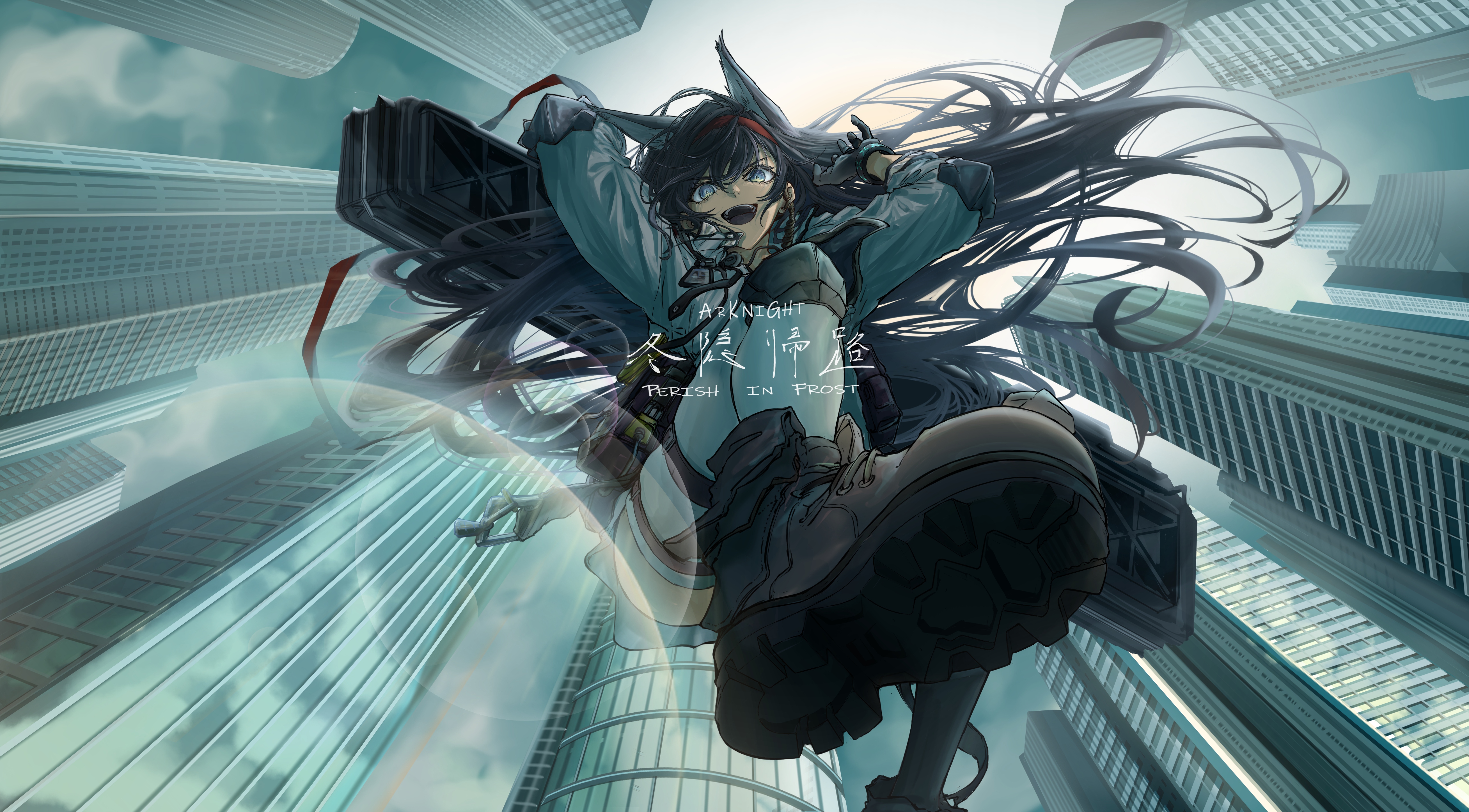 knm kamakura, blaze (arknights), infection monitor (arknights), arknights, absurdres, commentary, highres, translation request, animal ear fluff, animal ears, armor, arms behind back, asymmetrical legwear, black boots, black gloves, black hair, black thighhighs, boots, building, cloud, cloudy sky, english text, falling, floating hair, gloves, grey eyes, hair spread out, hairband, holding, holding weapon, jacket, long hair, looking at viewer, mismatched legwear, open mouth, outdoors, red hairband, sky, teeth, thighhighs, uneven legwear, upper teeth only, weapon, white jacket, white thighhighs